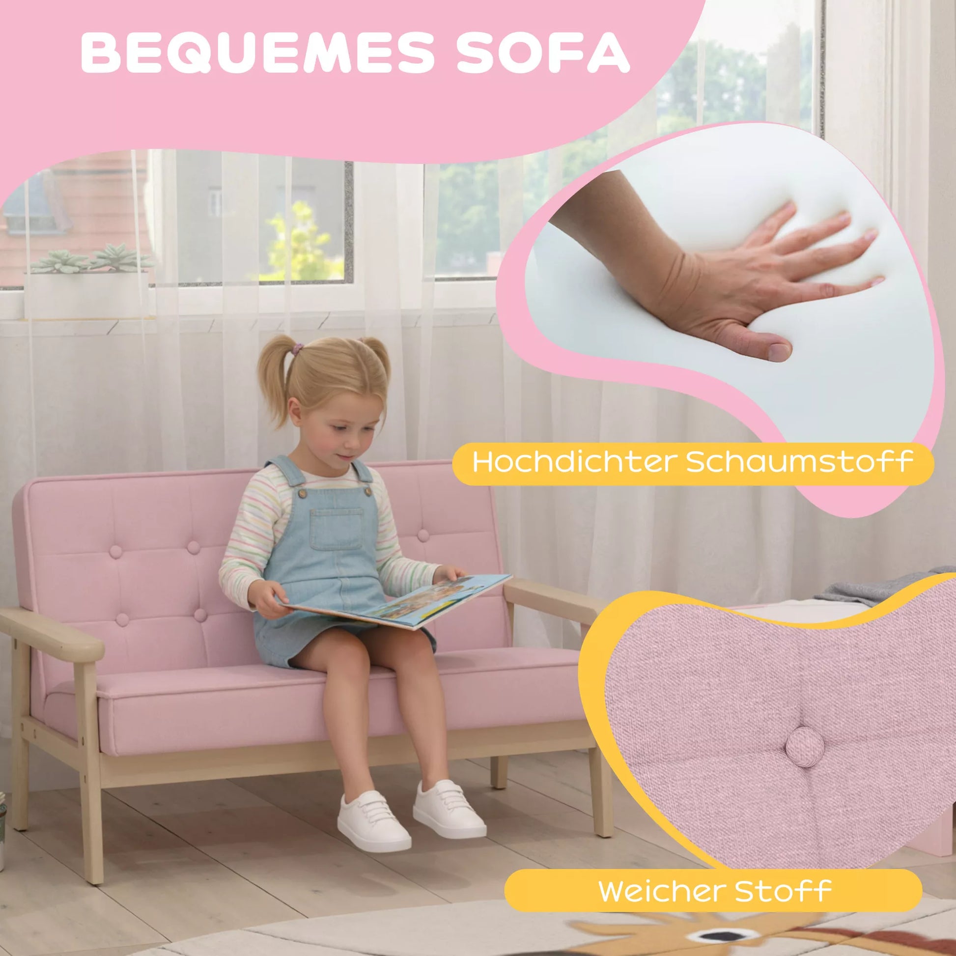 Vaikų kėdė, vaikų sofa su mediniu rėmu, aksomo išvaizda, paminkštinta, skirta 3–15 metų vaikams, rožinė