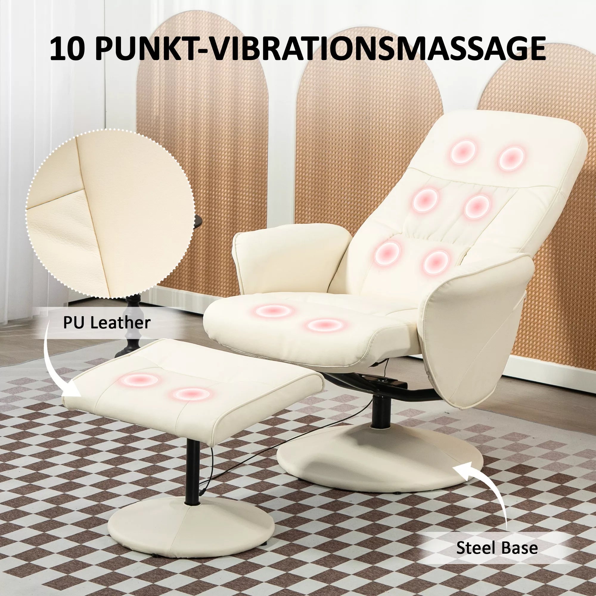 Atlojamas krėslas su pėdų atrama, Ergonominis krėslas su 10 vibracijos taškų, dirbtinė oda, 76 x 81 x 105 cm, kreminės baltos spalvos
