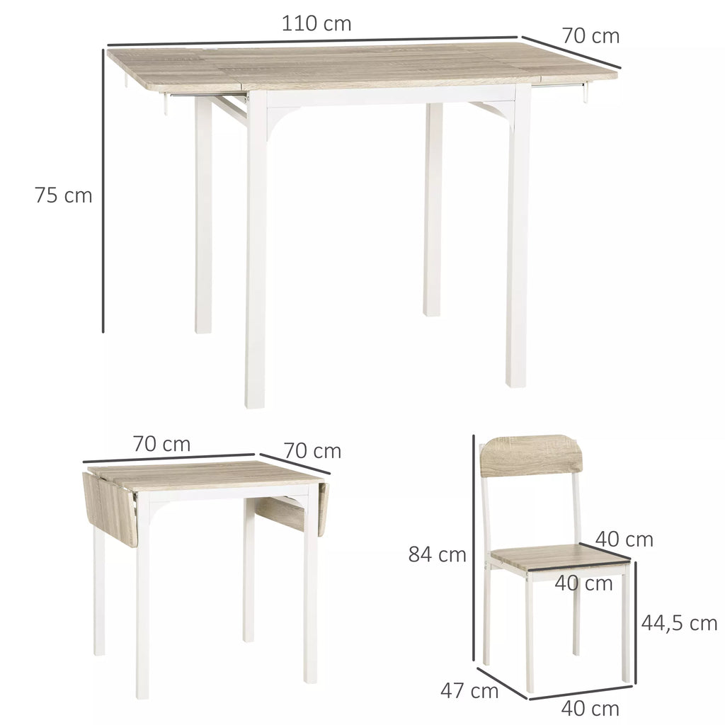 2 dalių sėdimoji grupė, sulankstomas valgomojo stalas su 2 kėdėmis, sulankstomas stalas, 110 cm x 70 cm x 75 cm, baltas + natūralus