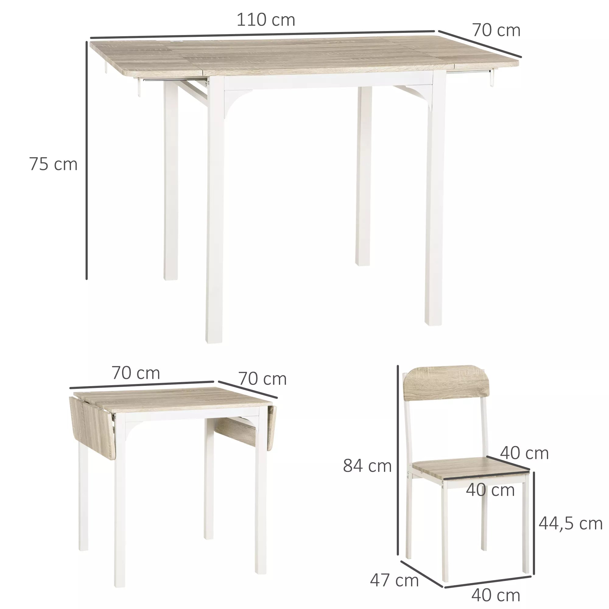 2 dalių sėdimoji grupė, sulankstomas valgomojo stalas su 2 kėdėmis, sulankstomas stalas, 110 cm x 70 cm x 75 cm, baltas + natūralus