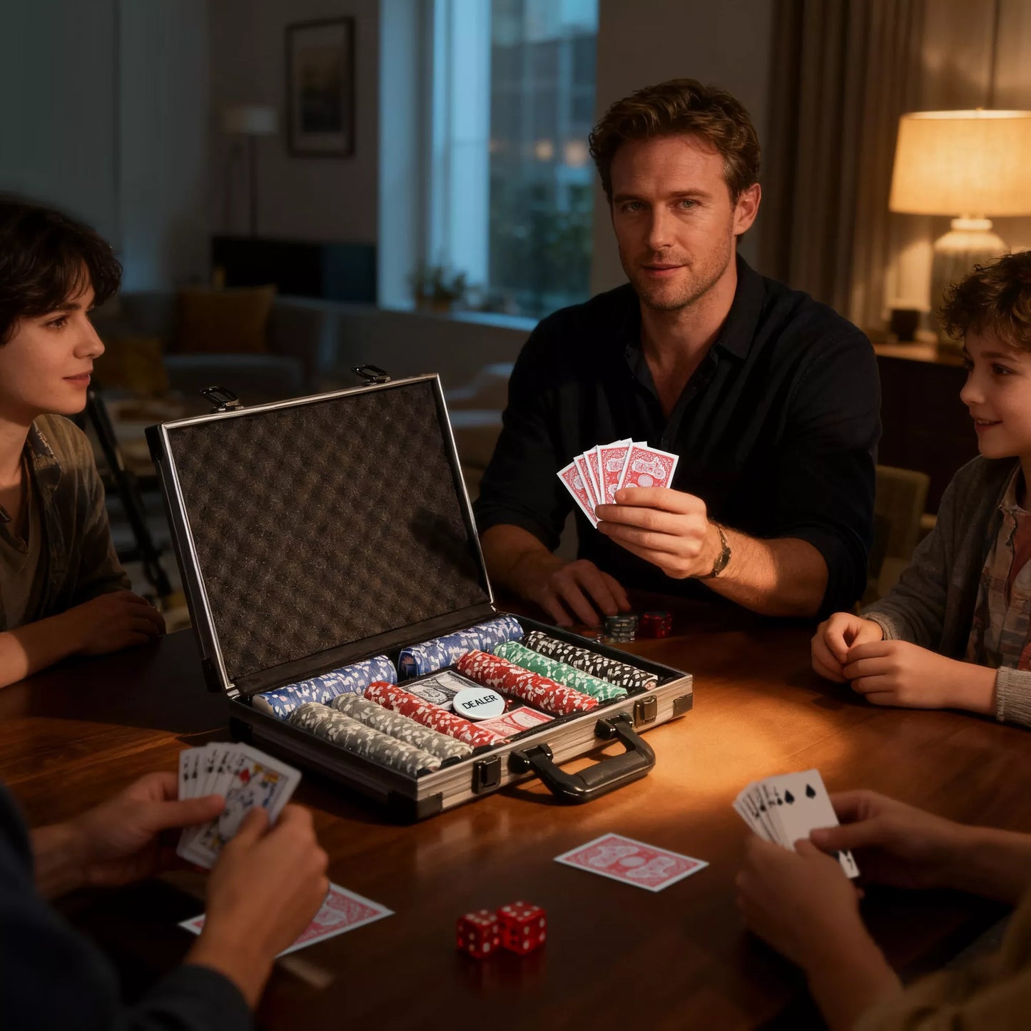 Pokerio rinkinys, Pokerio lagaminas, 400 žetonų, 2 kortų kaladės, 5 kauliukai, Dalintojo žetonas, Kilimėlis