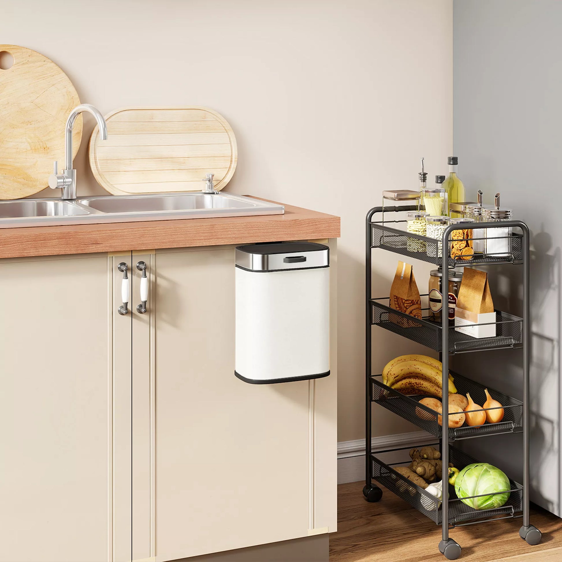 5 L šiukšliadėžė, pastatoma laisvai arba pakabinama, nerūdijantis plienas, kreminės baltos spalvos