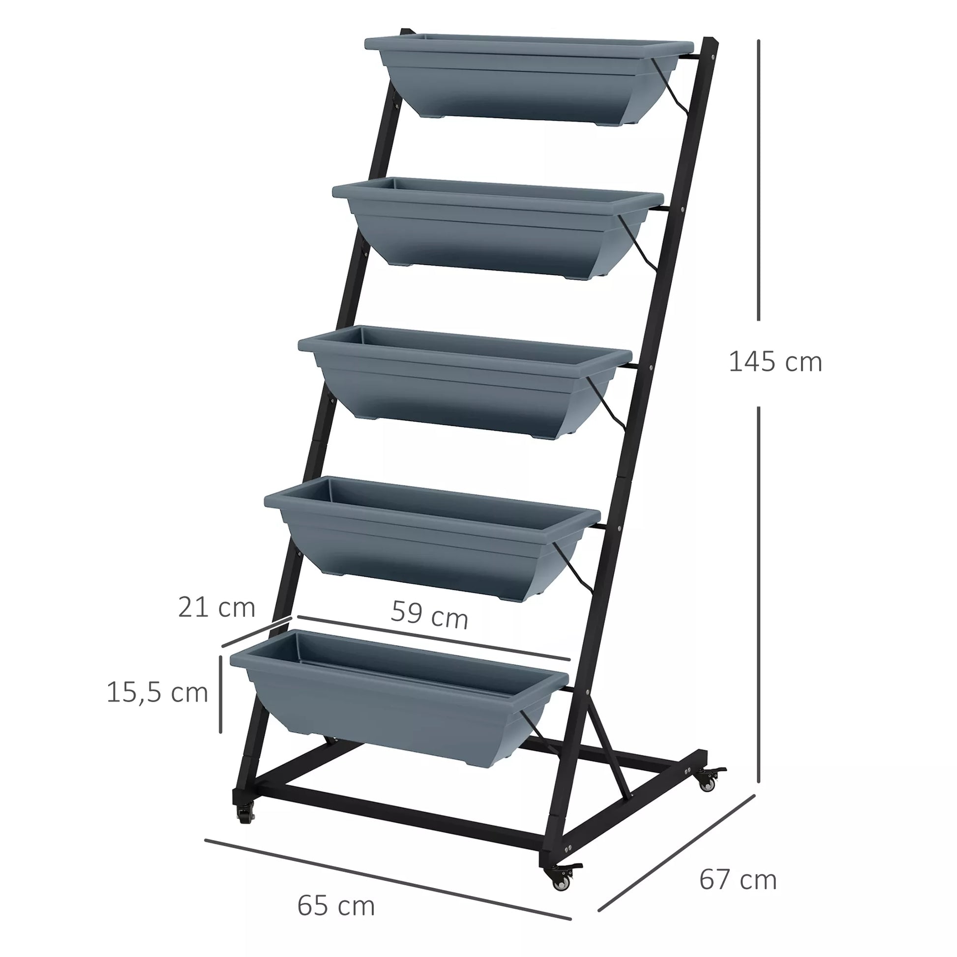 Augalų laiptai Gėlių laiptai Augalų lentynos, sukraunamos, atsparios atmosferos poveikiui, 65 x 67 x 145 cm, pilkos + juodos spalvos