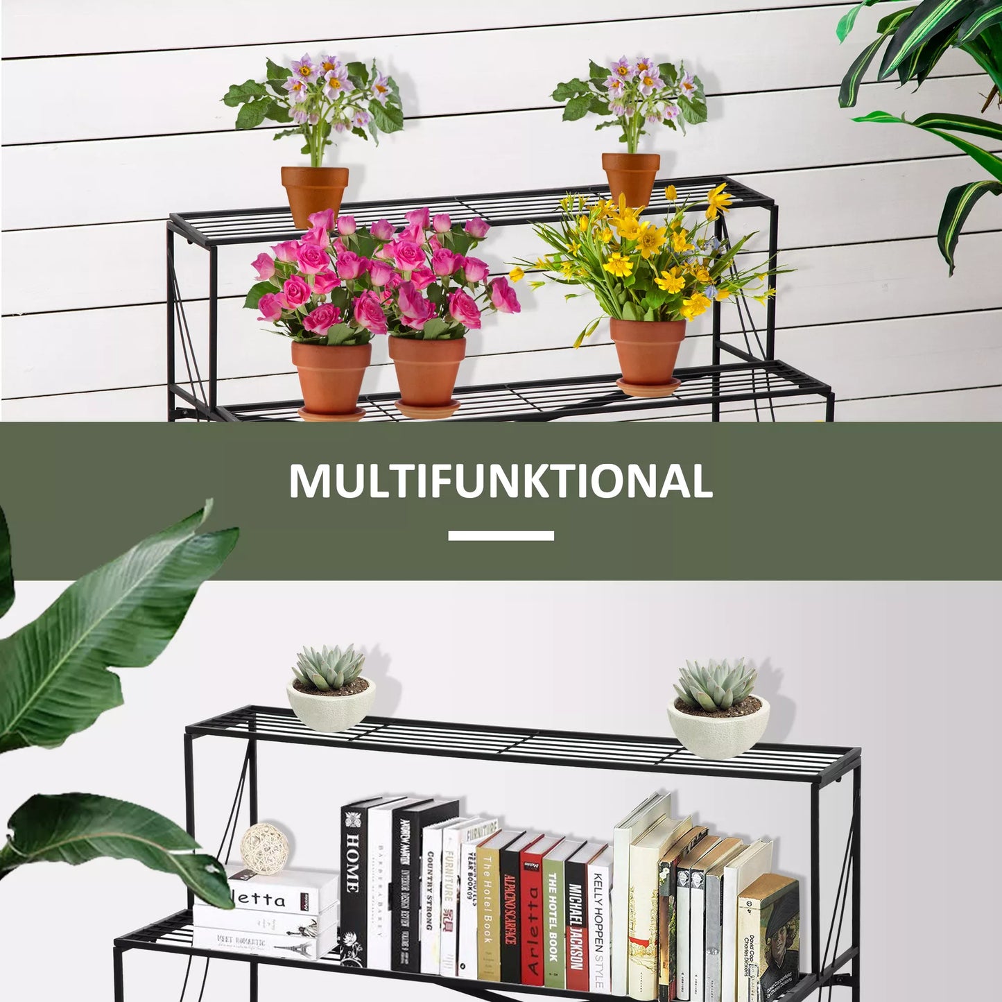 Gėlių stovas Gėlių lentyna, metalinė, 3 pakopų, augalų stovas, gėlių laipteliai, vidaus ir lauko, sodui, balkonui, juoda, 95 x 63 x 72 cm