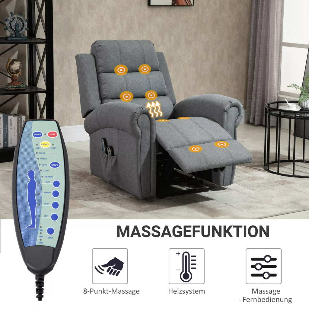 Elektrinis atsisėdimo fotelis, masažinis fotelis su šildymo funkcija, fotelis su pagalba atsisėsti, poilsio fotelis su nuotolinio valdymo pultu, linas, pilkas, 90 x 91 x 106 cm