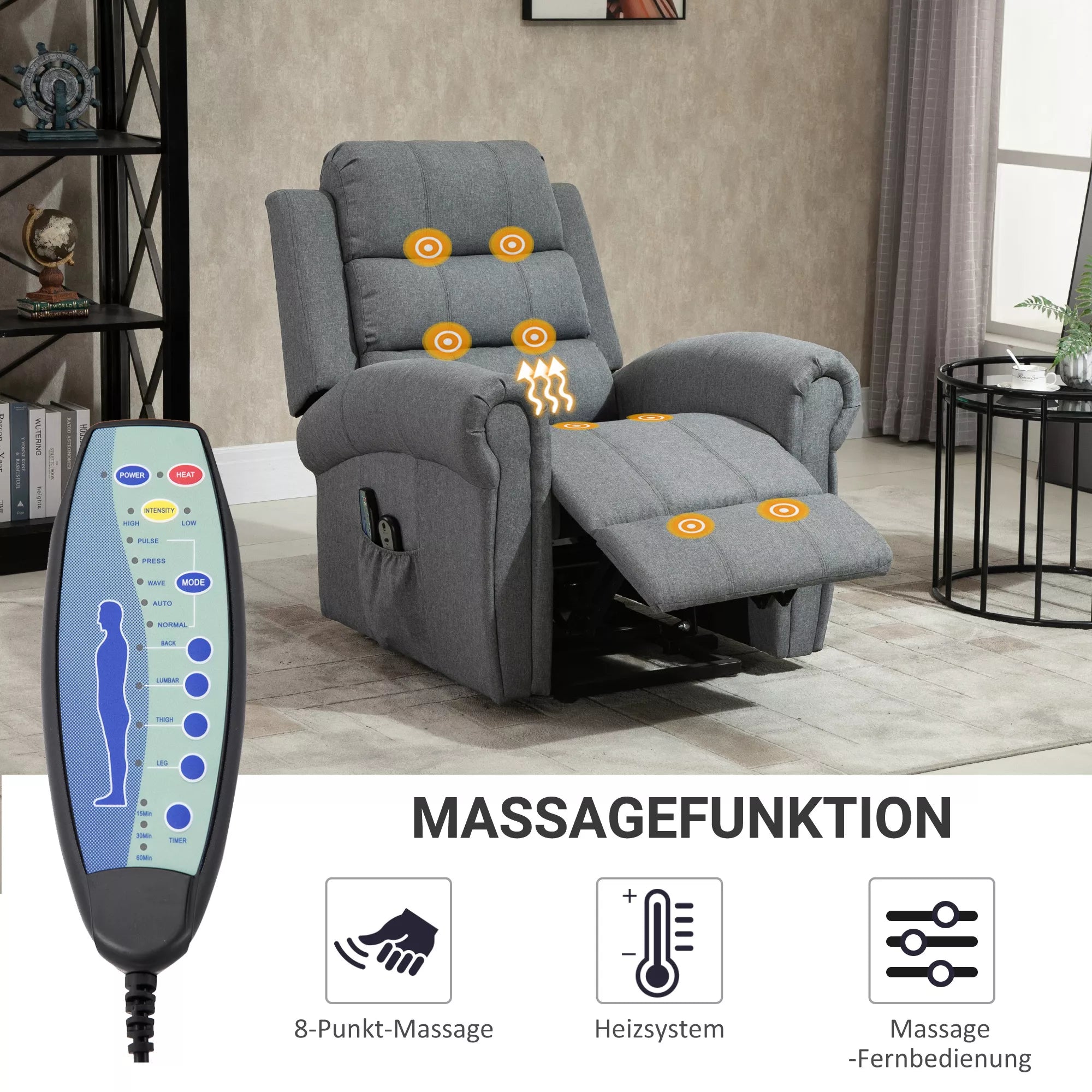 Elektrinis atsisėdimo fotelis, masažinis fotelis su šildymo funkcija, fotelis su pagalba atsisėsti, poilsio fotelis su nuotolinio valdymo pultu, linas, pilkas, 90 x 91 x 106 cm