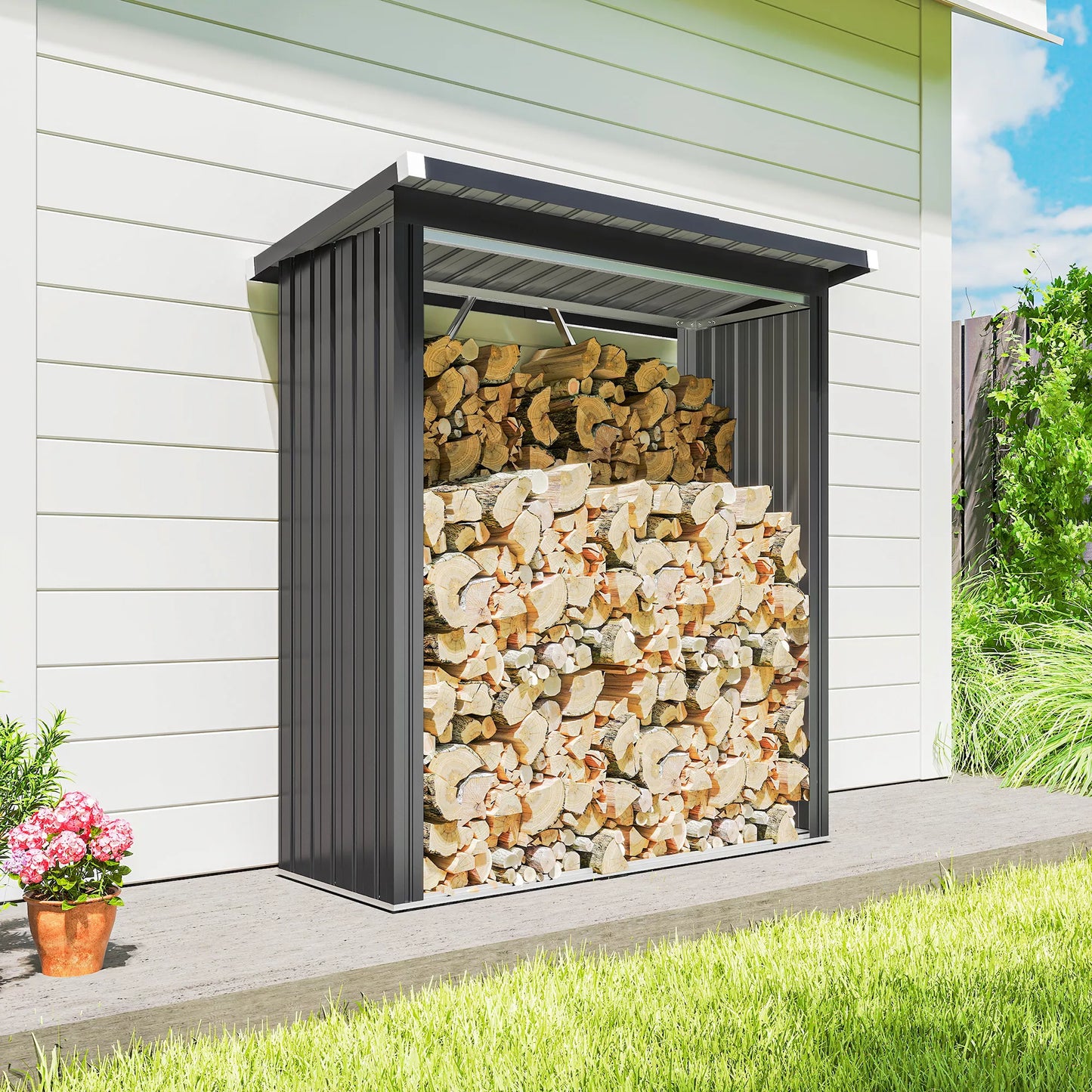 Malkinė, malkų stoginė, plienas, paaukštintos grindys, šlaitinis stogas, 150 x 66,5 x 150 cm, tamsiai pilka