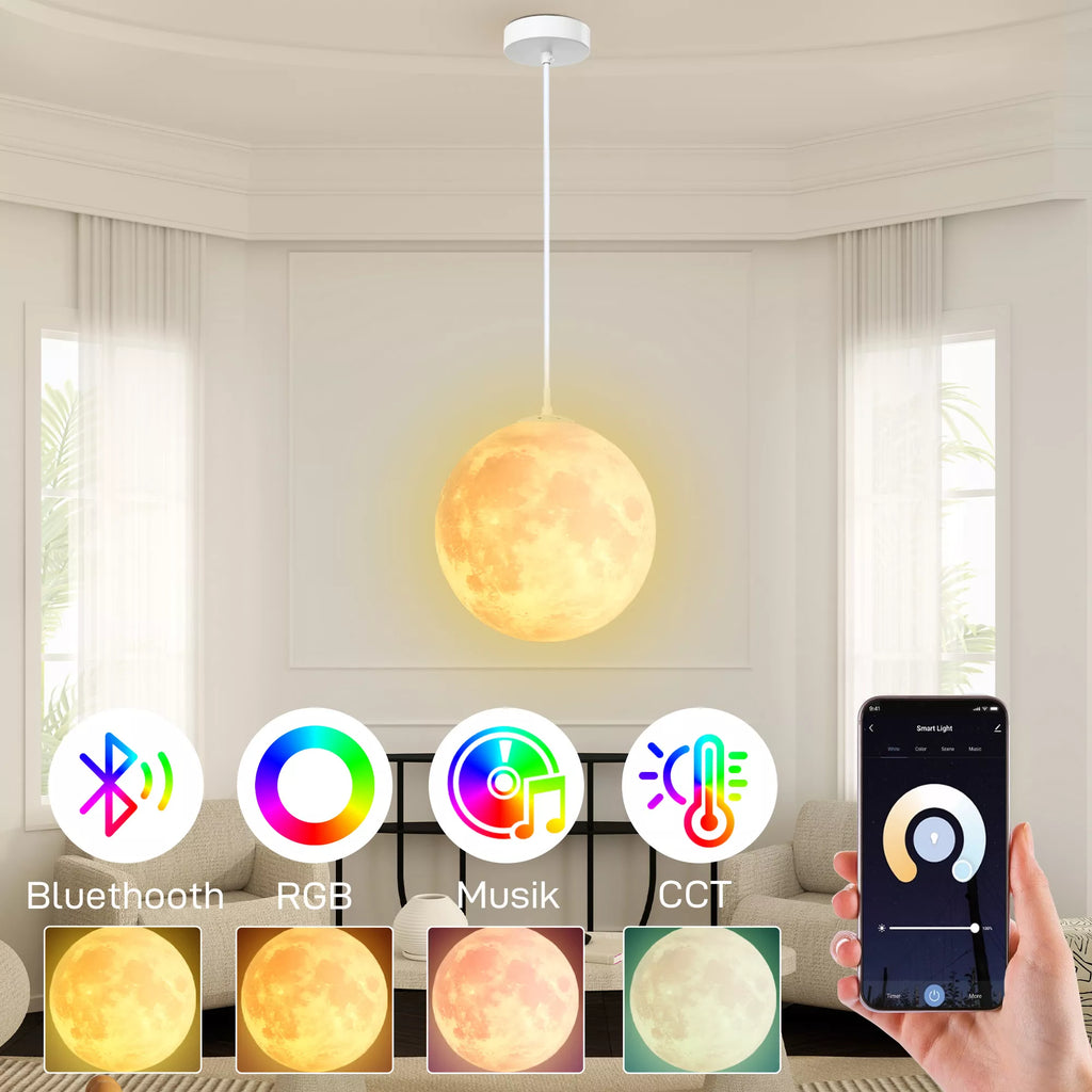 Mėnulio lemputė, 3D spausdinimas, valdoma programėle, suderinama su muzika, įvairūs apšvietimo režimai, balta