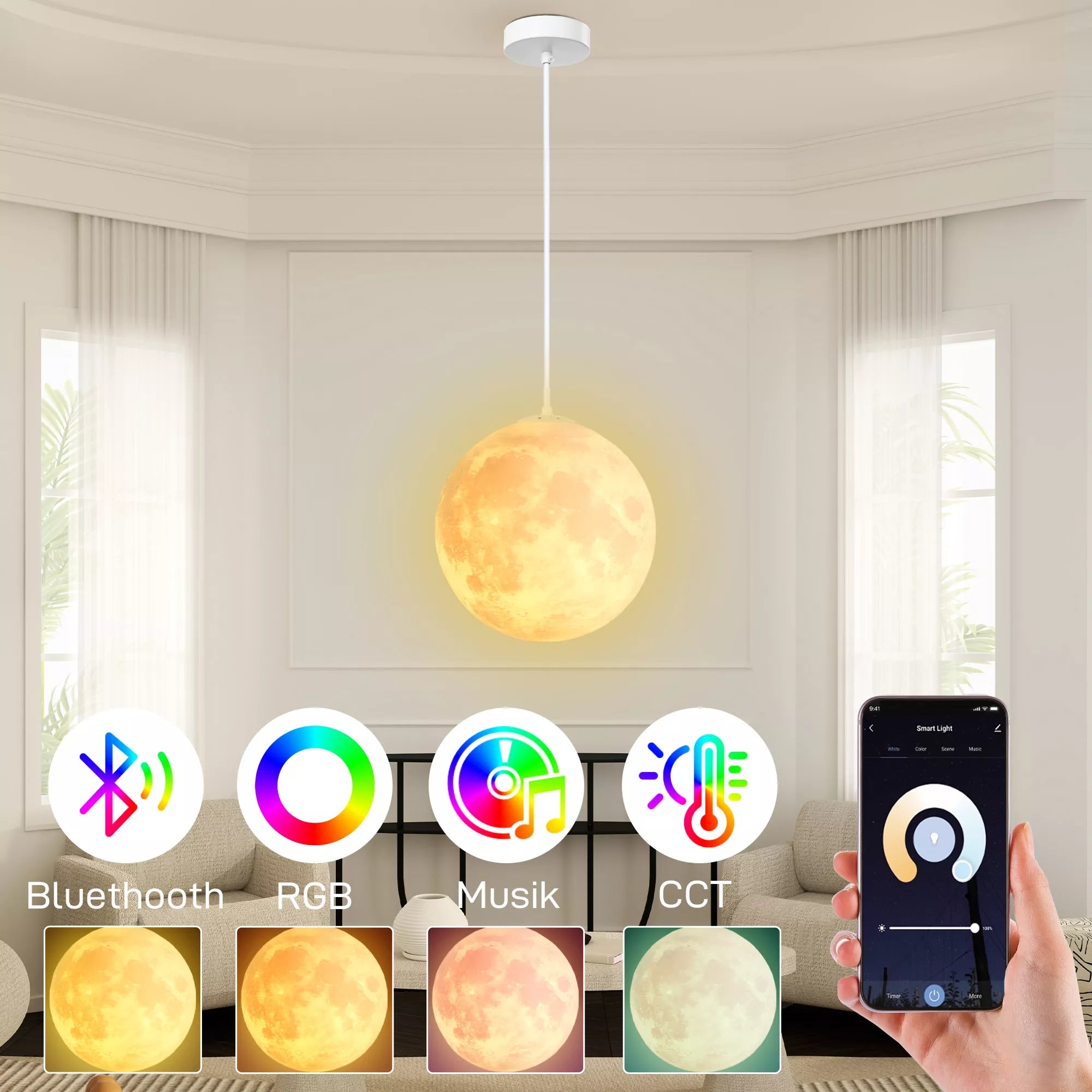 Mėnulio lemputė, 3D spausdinimas, valdoma programėle, suderinama su muzika, įvairūs apšvietimo režimai, balta