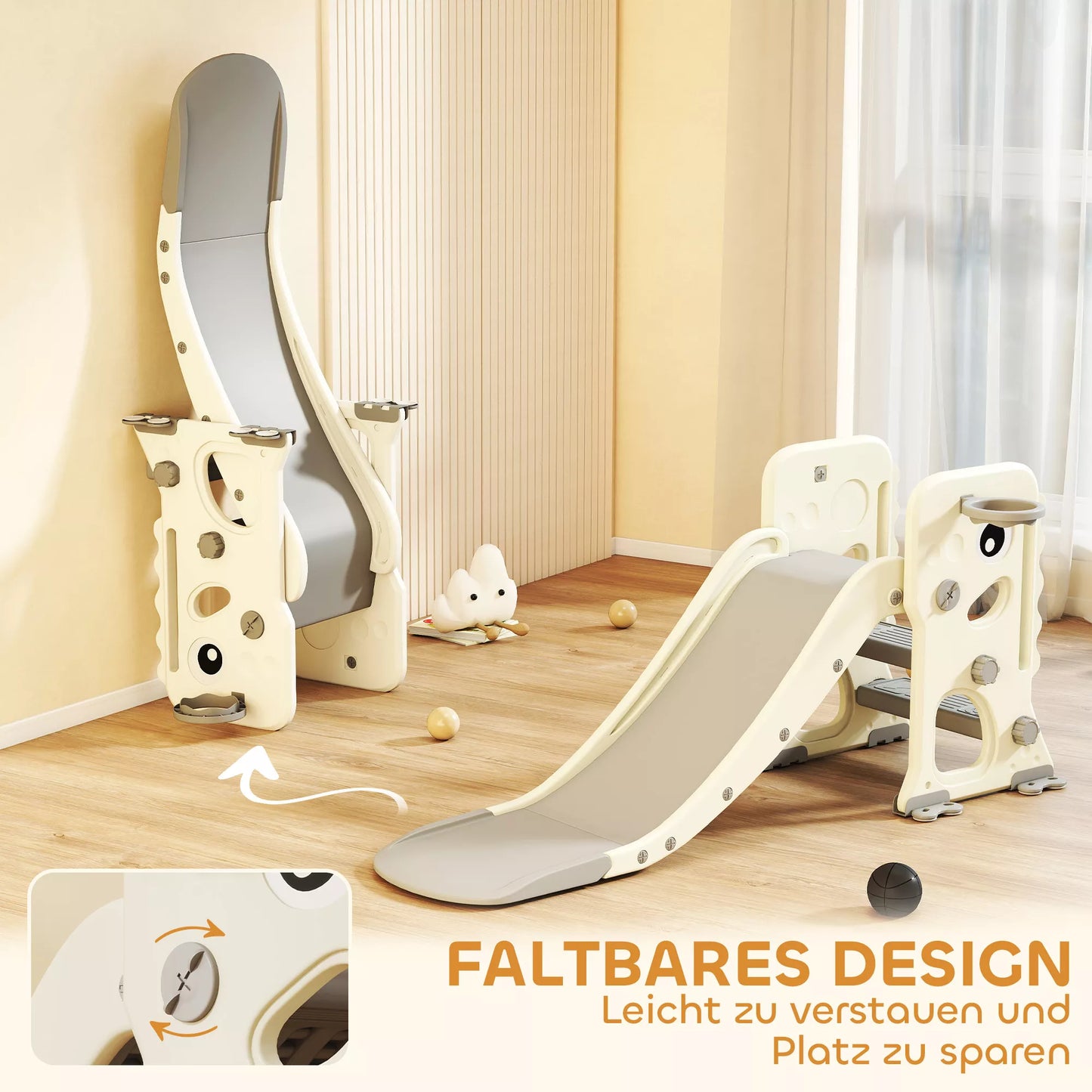 3in1 vaikiška čiuožykla su laipiojimo aikštele, krepšinio lanku ir kamuoliu, sulankstoma vidinė mažylių čiuožykla vaikams nuo 2 iki 5 metų