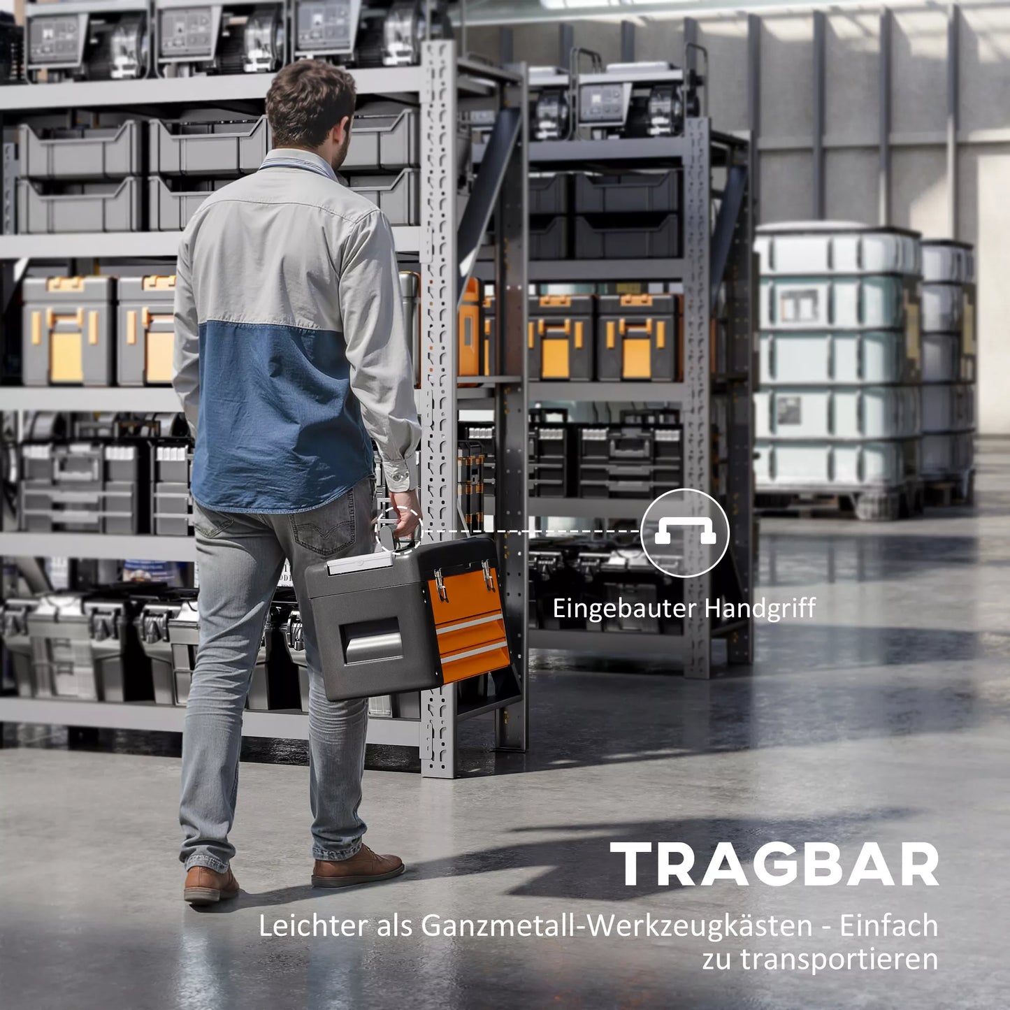 Tuščia įrankių dėžė, 49,7 x 25,3 x 28,9 cm Įrankių dėžė su stalčiumi, mini dėžutė plieninė oranžinė