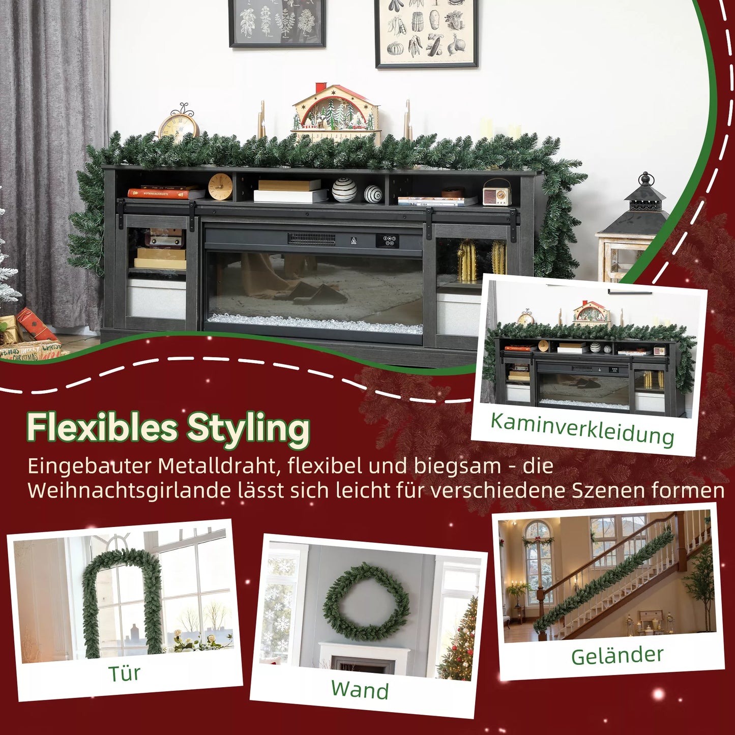 2,7 m dirbtinė Kalėdų girlianda, 216 šakelių eglutės girlianda dekoravimui, laiptams, židiniui, žalia