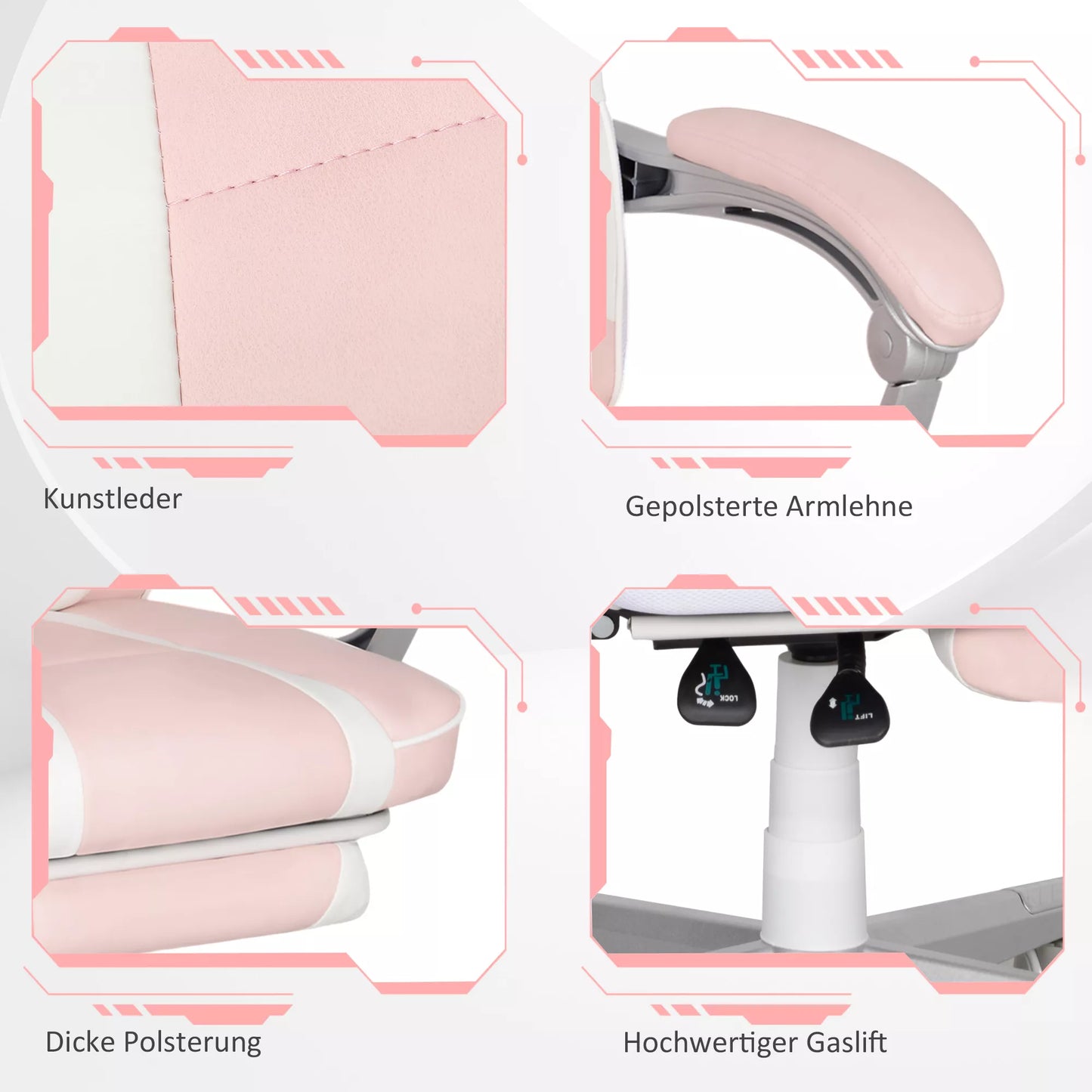 Žaidimų kėdė su atrama kojoms, galvos ir juosmens pagalvėlėmis, pasukama, reguliuojamo aukščio, Rožinė