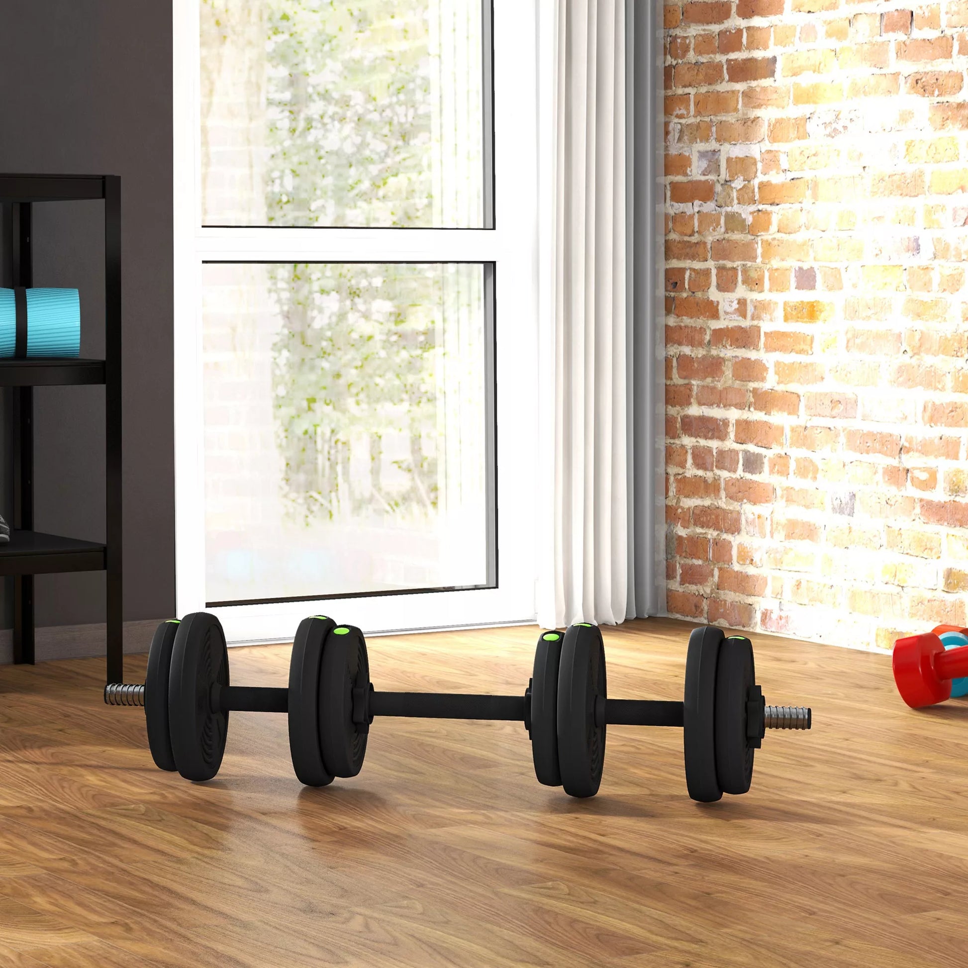 2-in-1 svarmen rinkinys, ilgas ir trumpas svarmuo, 15 kg, neslystantis, tausojantis grindis, juoda/žalia