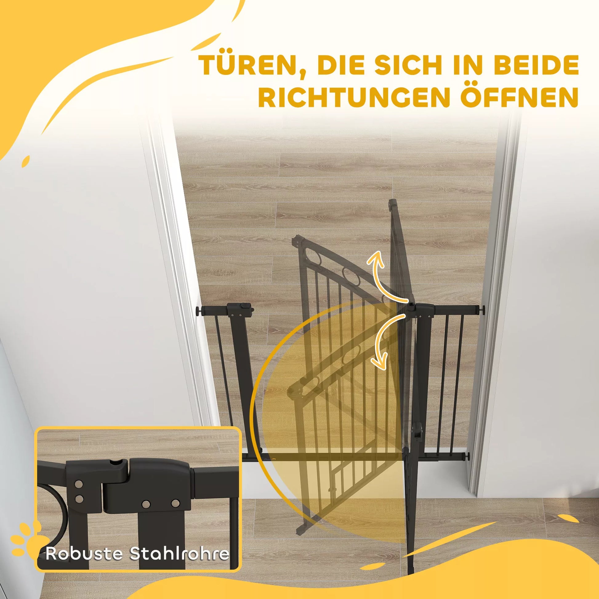 Naminių gyvūnų varteliai, 96 cm laiptų užtvaros, reguliuojamas plotis 76–104 cm, su katės durelėmis, skirtos laiptams ir durų angoms, juodos spalvos