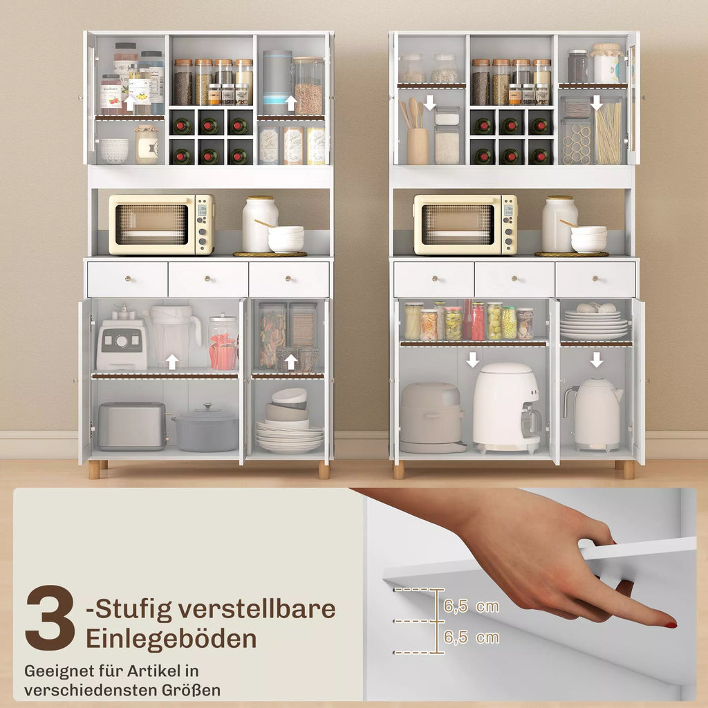 180 cm virtuvės spintelė, 2 stiklinės durys, 3 stalčiai, 4 reguliuojami lentynos, valgomojo spintelė, medžio drožlių plokštė, balta