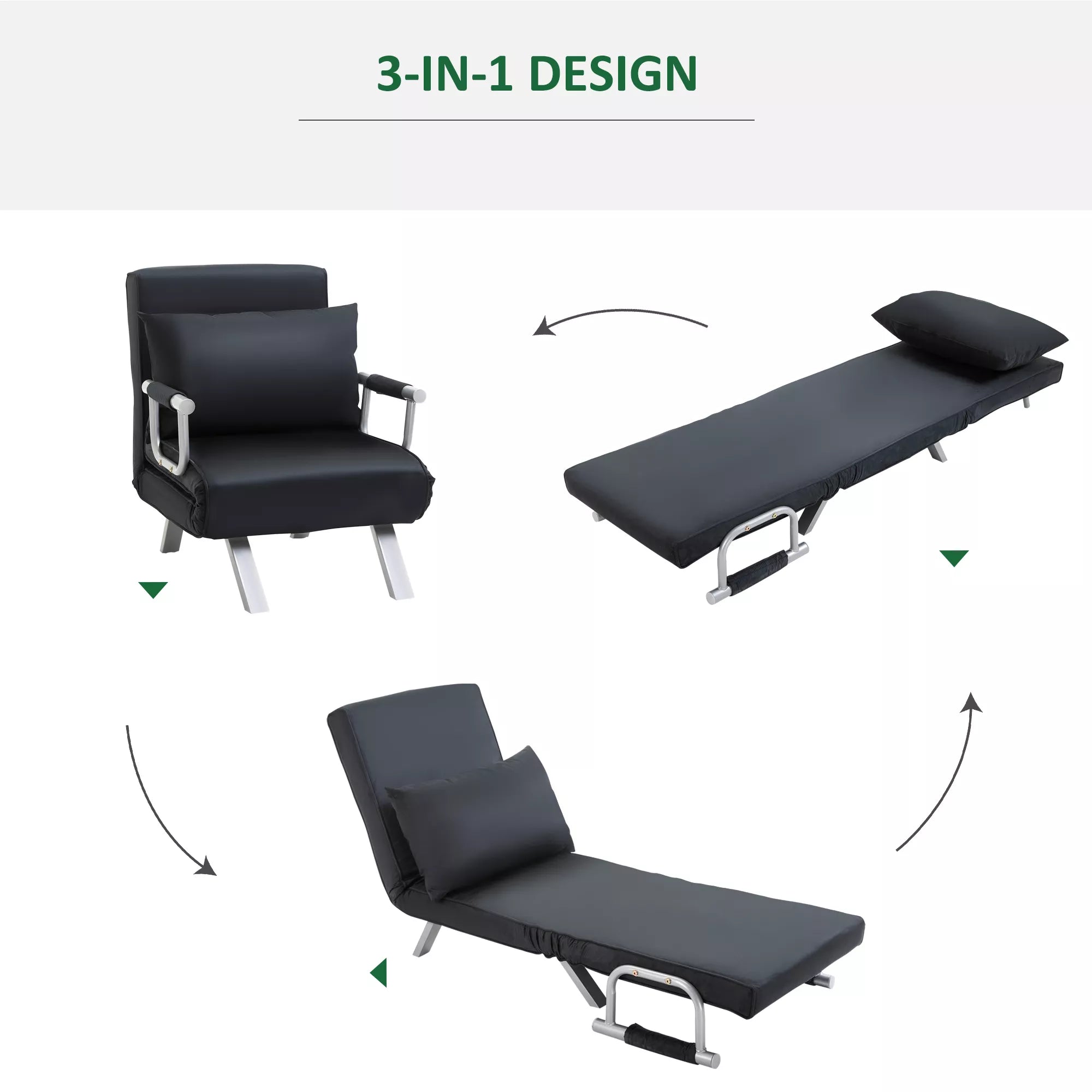3-in-1 schema: fotelis, gulima sofa ir lova su rodyklėmis
