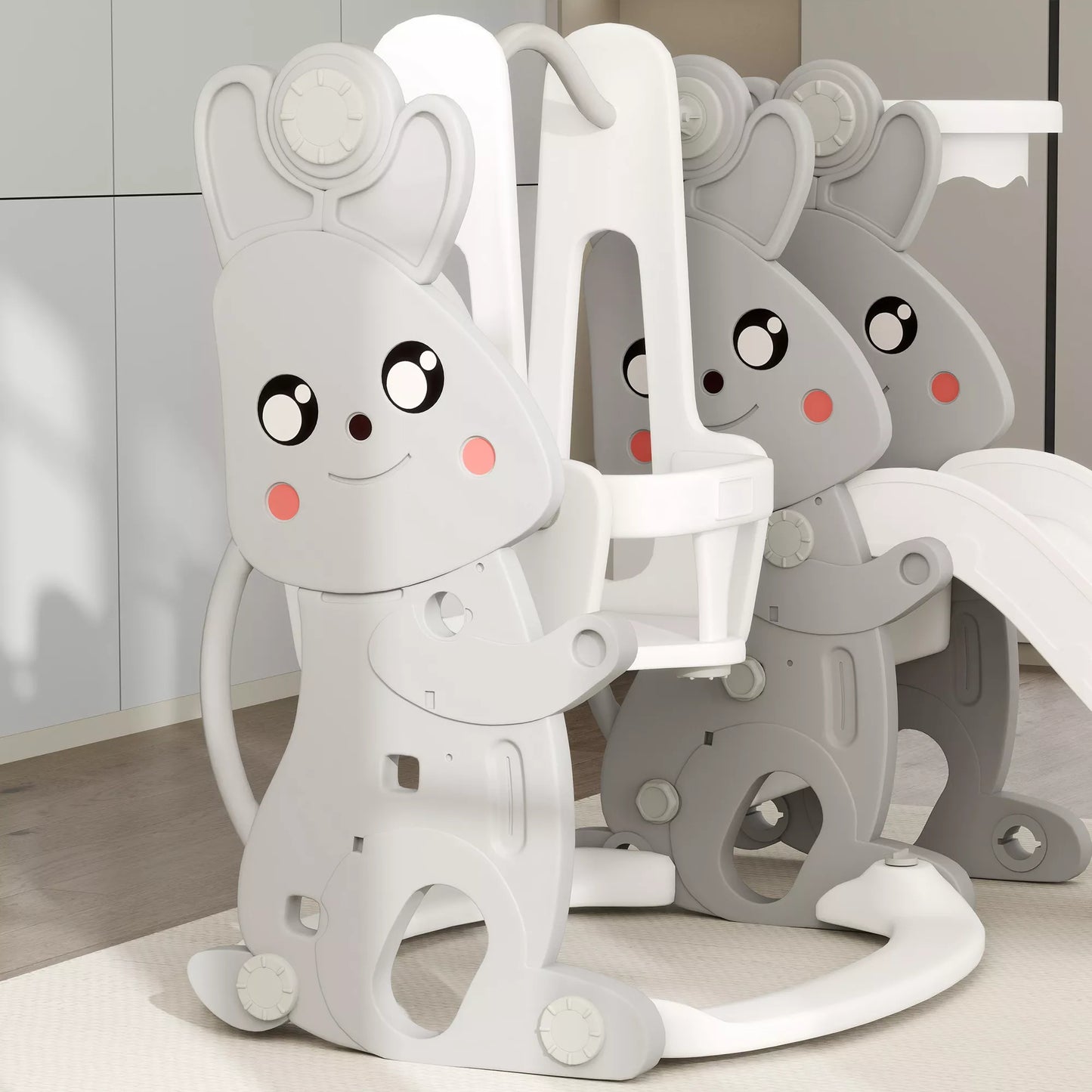 4-in-1 žaidimų rinkinys mažyliams, čiuožykla, supynės, laipiojimo aikštelė, krepšinio lankas, plastikas, triušio dizainas, pilkas