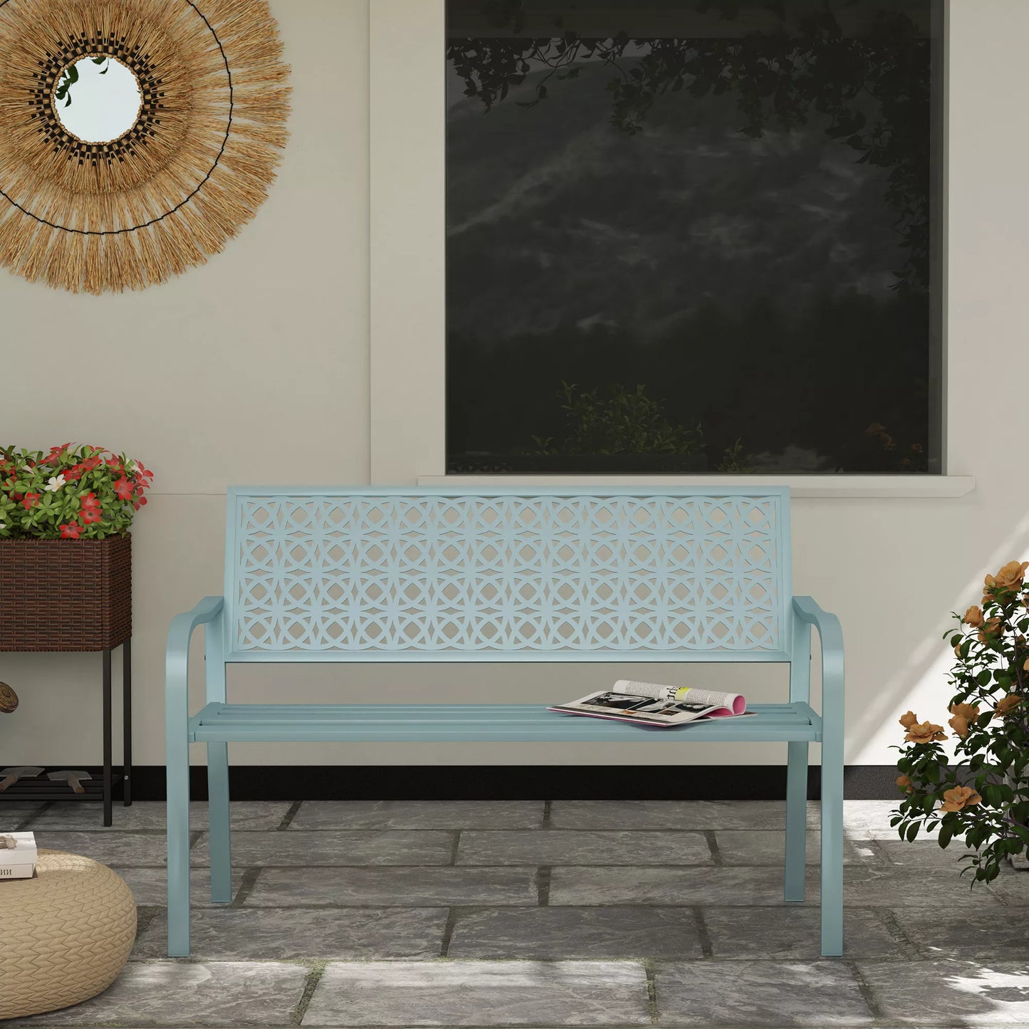 Lauko suolas, sodo suolas iš plieno, iškirptas atlošas, porankiai, 2 asmenims, mėlynas