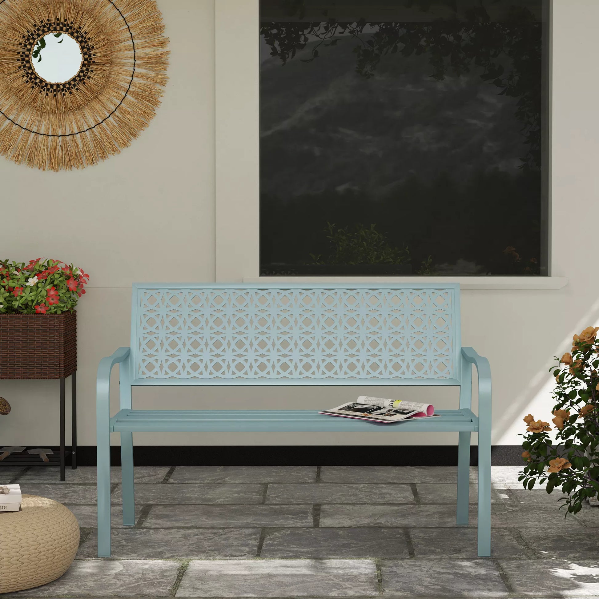 Lauko suolas, sodo suolas iš plieno, iškirptas atlošas, porankiai, 2 asmenims, mėlynas