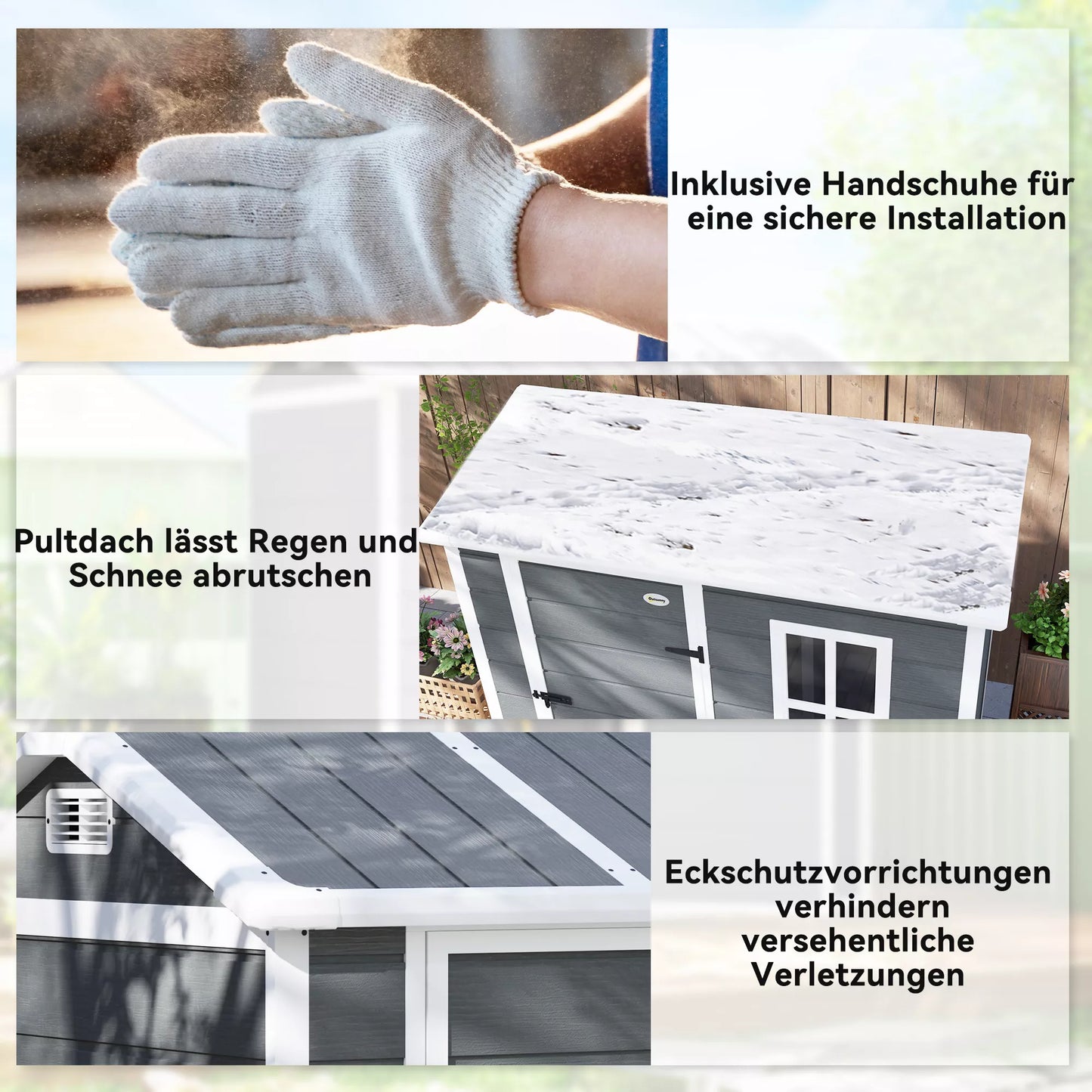 Sodo namelis su grindimis, langais, užrakinamomis durimis, iš plastiko dervos, atsparus oro sąlygoms, pilkos spalvos