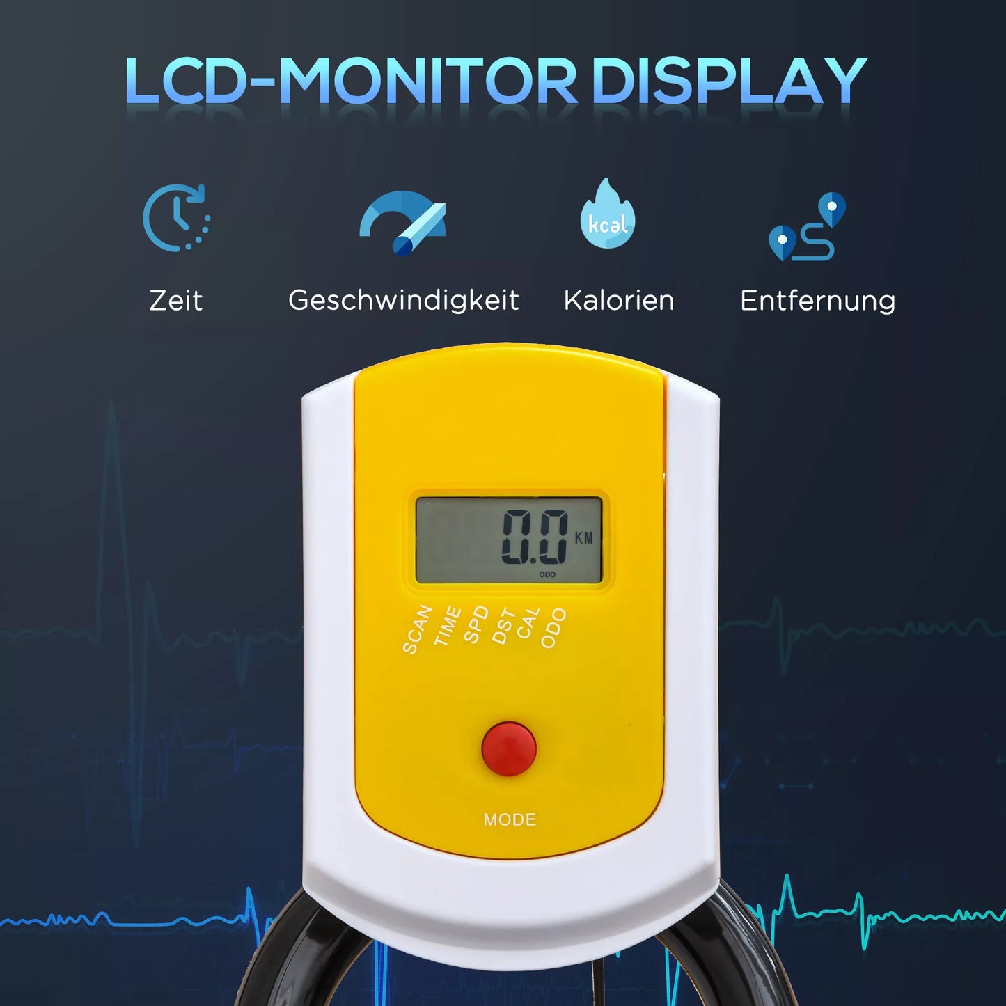 Aukščio reguliuojamas dviračio treniruoklis, namų treniruoklis, fitneso dviratis, ritininis treniruoklis su diržo pavara, LCD ekranu, plienas, ABS, geltonas+juodas, 45,5 x 100 x 101-113 cm