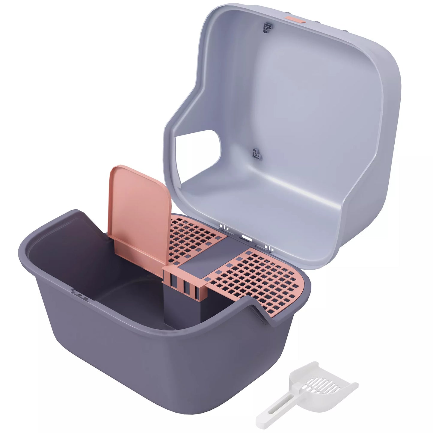 Katės tualetas, katės dėžutė su dangčiu ir semtuvu, lengvai valoma, užrakinama, violetinė