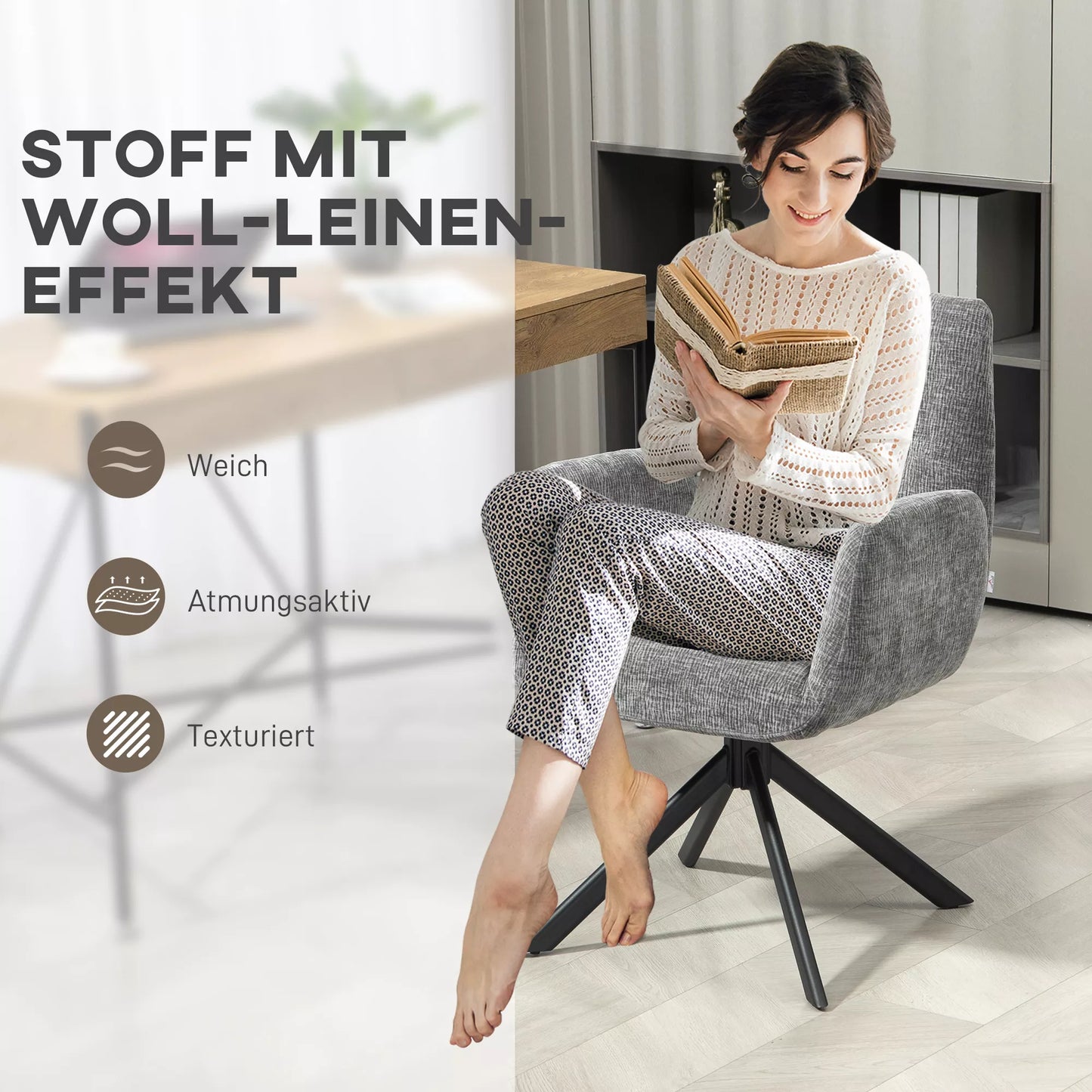 Tamsiai pilkas, modernaus dizaino, sukamasis akcentinis fotelis, iki 120 kg svorio