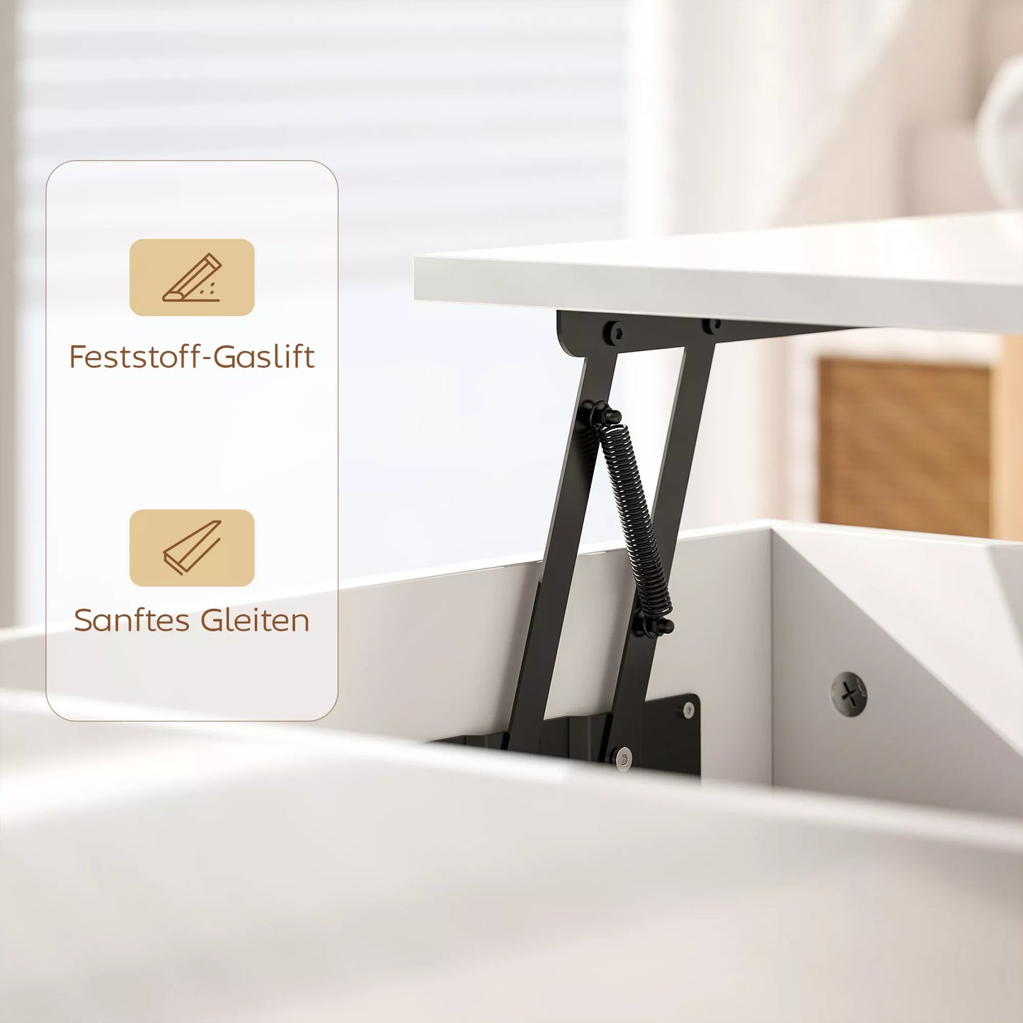 Kavos staliukas reguliuojamas, modernus svetainės baldas su paslėpta daiktų saugykla ir 2 stalčiais, mdf balta blizgi plokštė, 100x50x45 cm