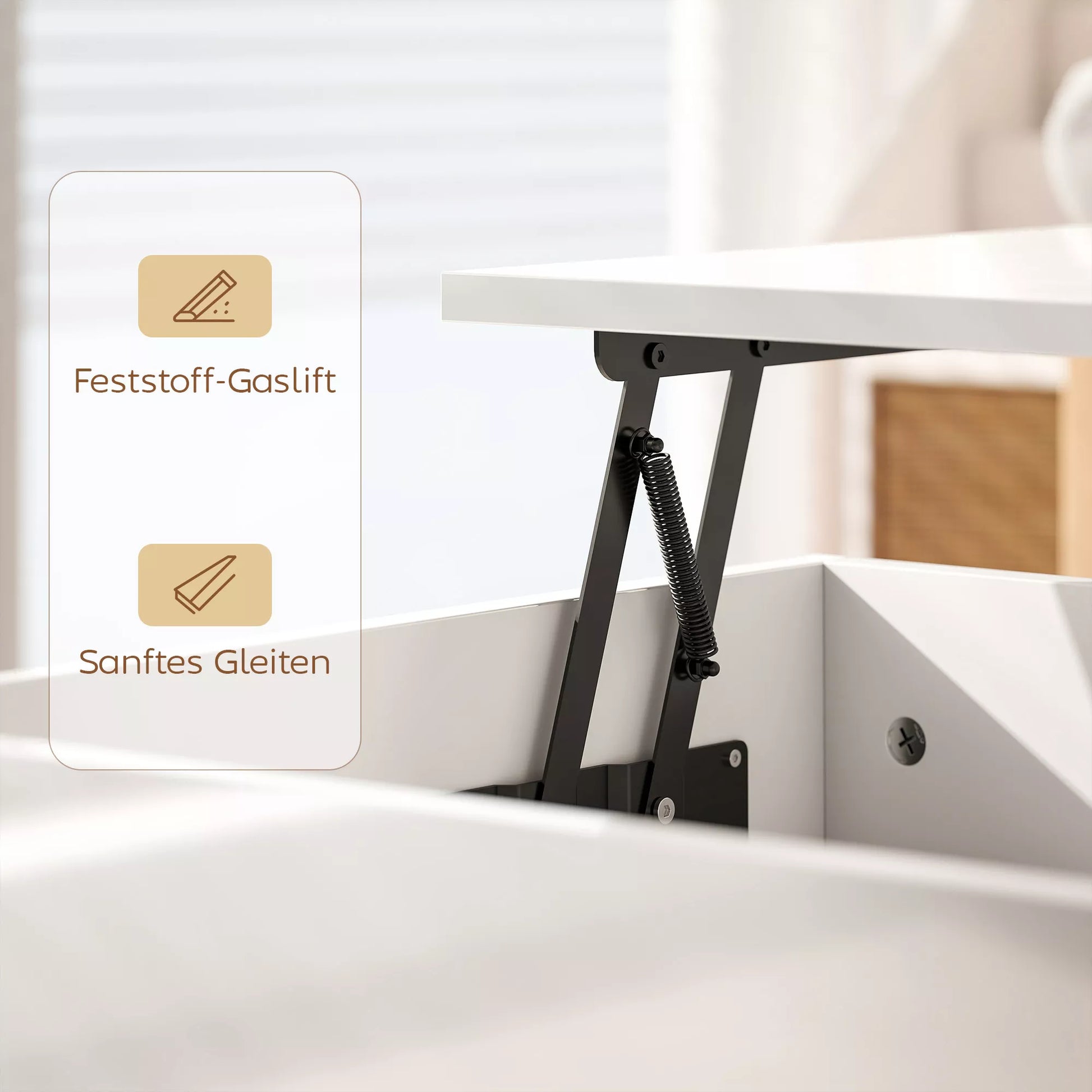 Kavos staliukas reguliuojamas, modernus svetainės baldas su paslėpta daiktų saugykla ir 2 stalčiais, mdf balta blizgi plokštė, 100x50x45 cm