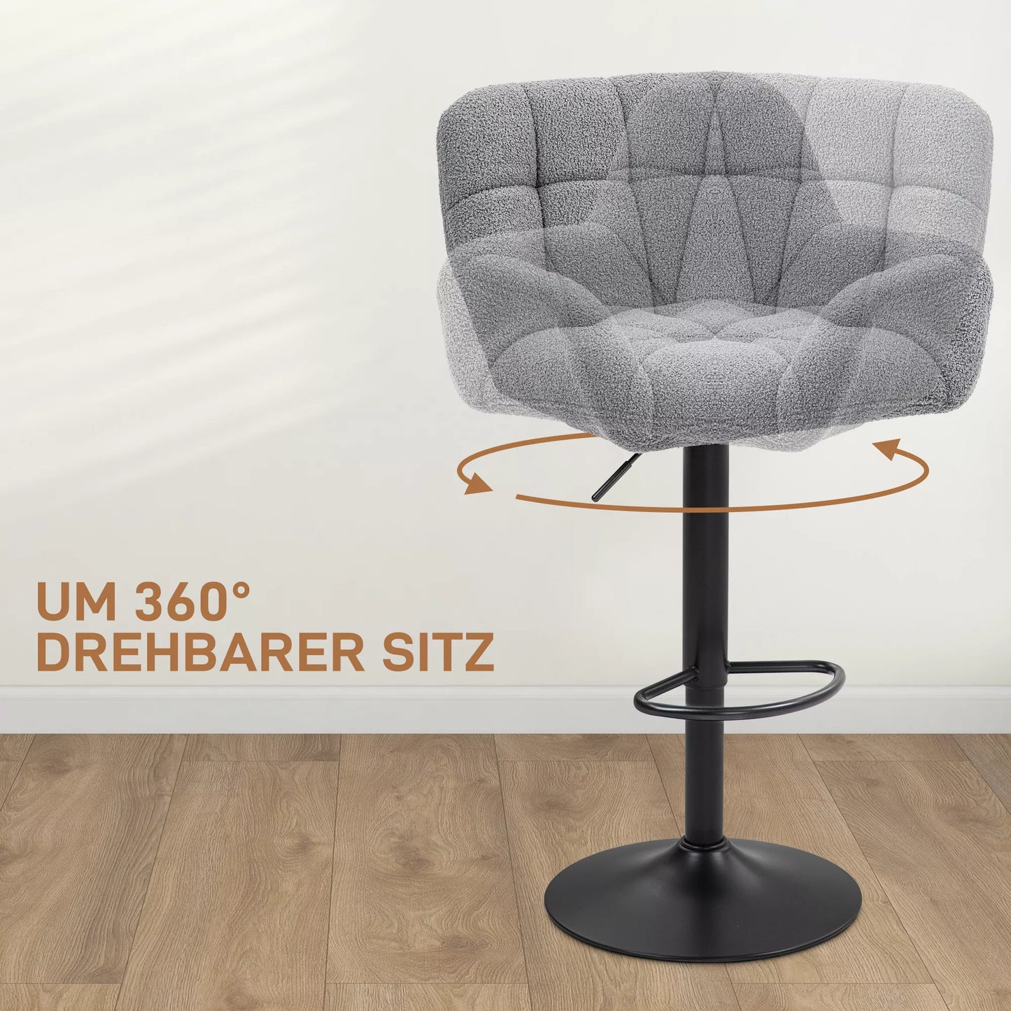 Baro taburečių rinkinys iš 2 vnt., retro dizaino, reguliuojamo aukščio, fleece tipo, pilka ir juoda