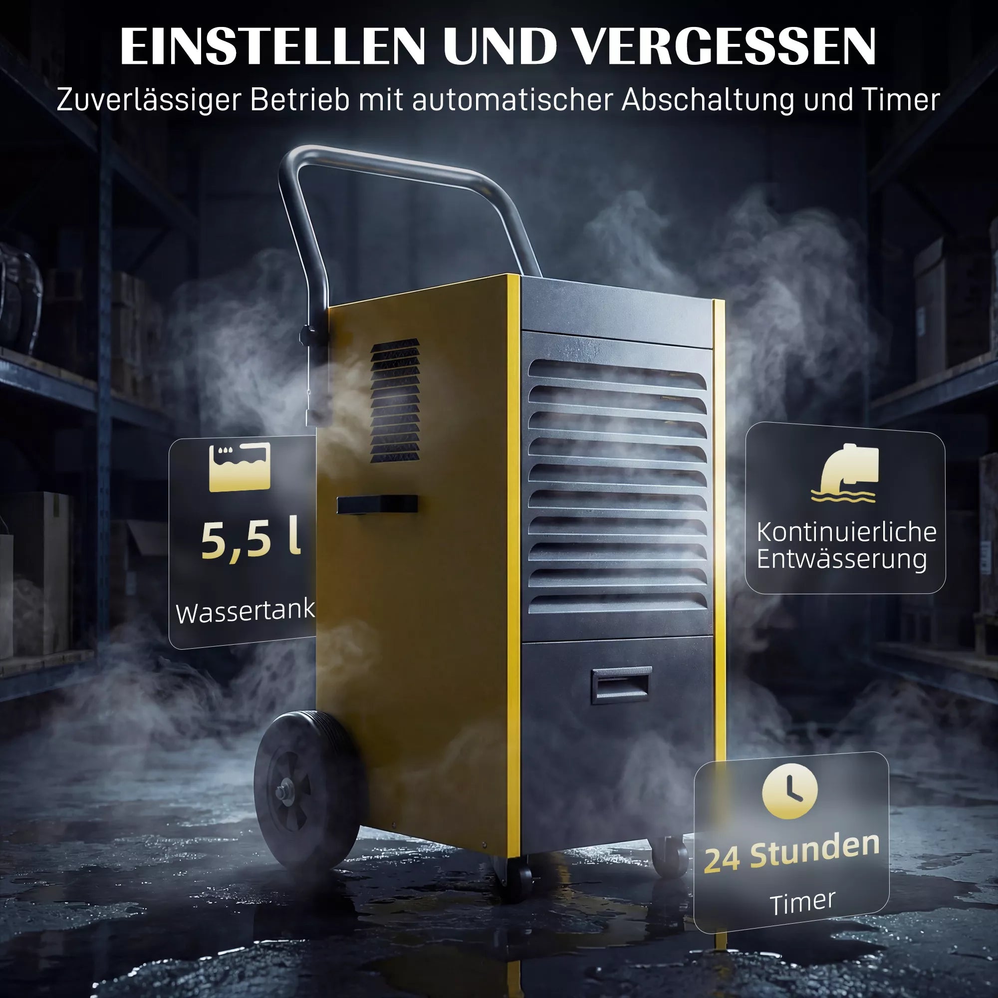 Profesionalus oro sausintuvas, 70 l/parą, su ratukais ir rankena, nuolatinio išleidimo žarna, 24 valandų laikmatis, 5,5 l talpos bakas, geltonos spalvos