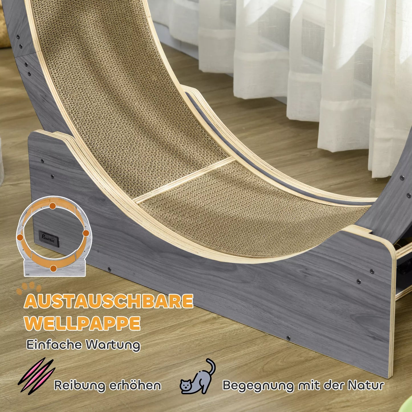 Katės bėgimo ratas, 91 cm, su stabdžiu ir draskykle, sveikam judėjimui, riešuto spalvos