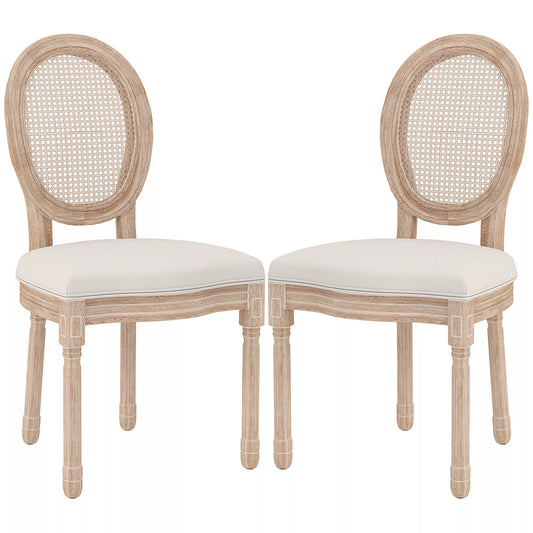 HOMCOM 2 vnt. Valgomojo kėdžių komplektas Virtuvės kėdės, Vintažinis dizainas, Rotango rašto imitacija, Natūralios spalvos + Kreminė