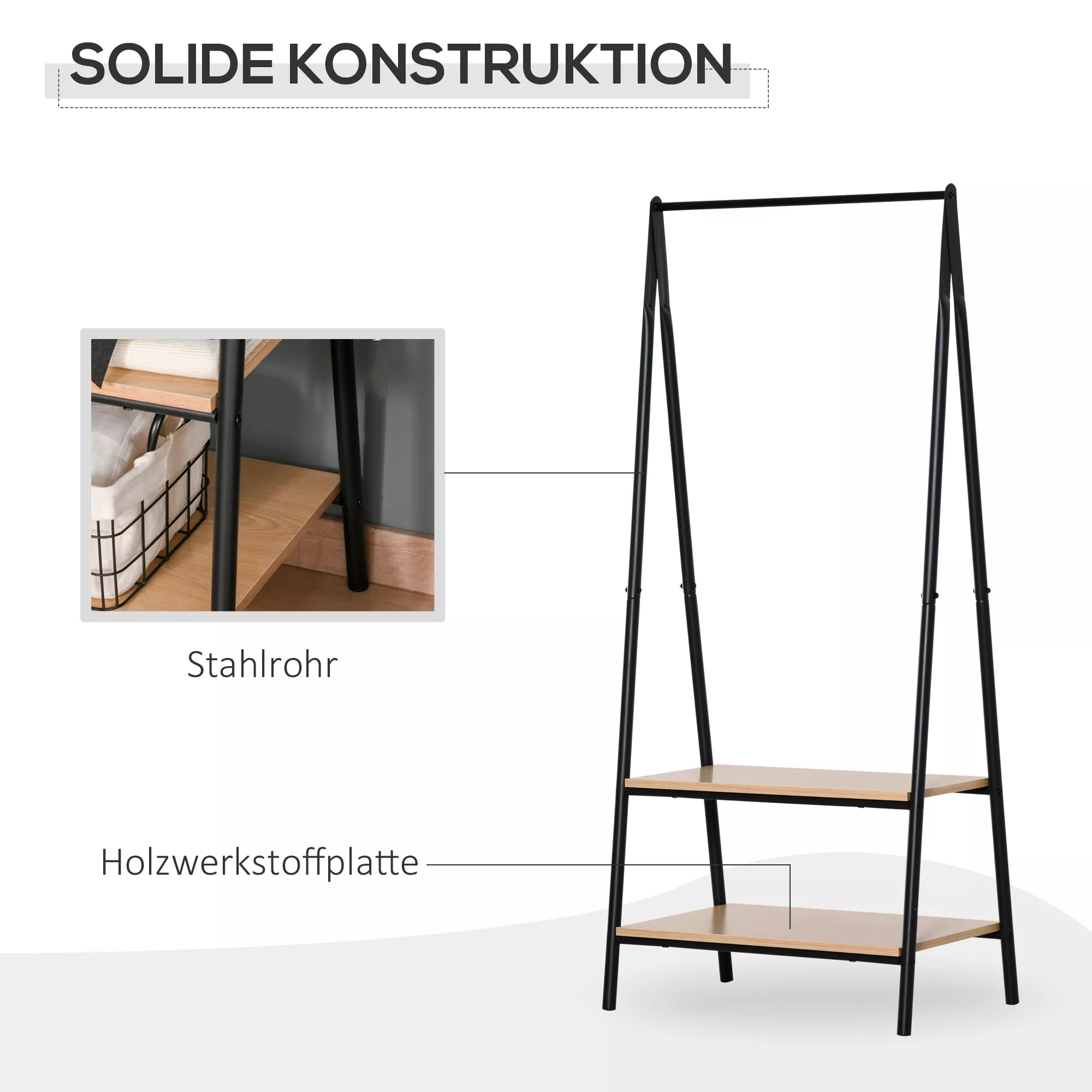 Drabužių kabykla su batų lentyna, metalas + mediena, juoda + natūrali, 64 x 42,5 x 149 cm