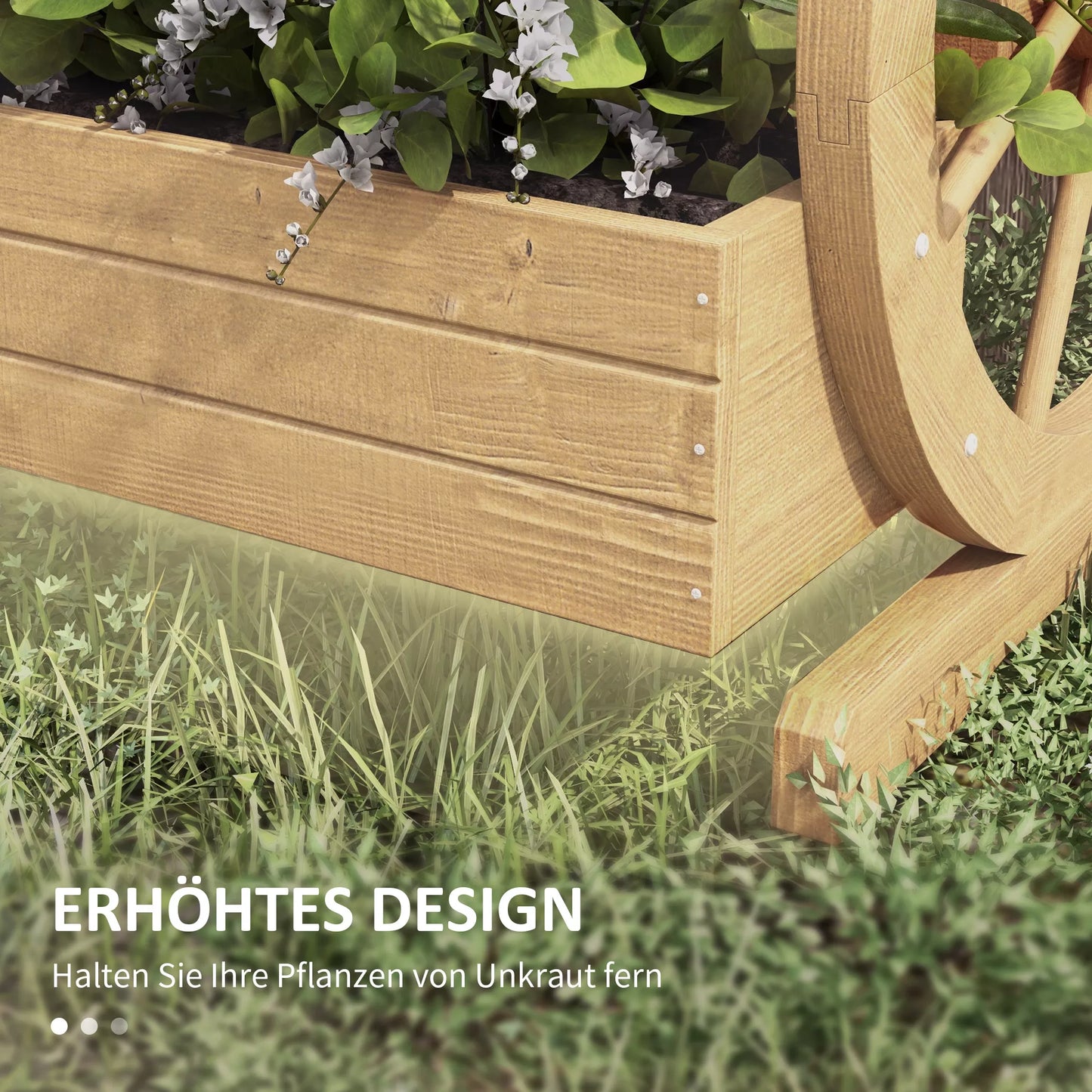 Pakelta lysvė, 3 aukštų su dekoratyviniais ratais, natūrali mediena, 62x61x57 cm, natūralaus medžio