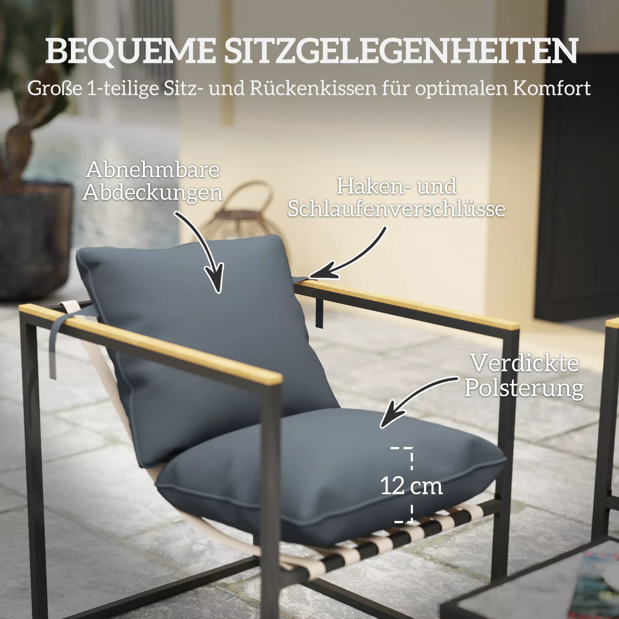 4 dalių sodo baldų komplektas, lauko baldų komplektas, 2 foteliai, 2 vietų sofa, 1 stalas, paminkštinti, plienas, poliesteris, pilkos spalvos