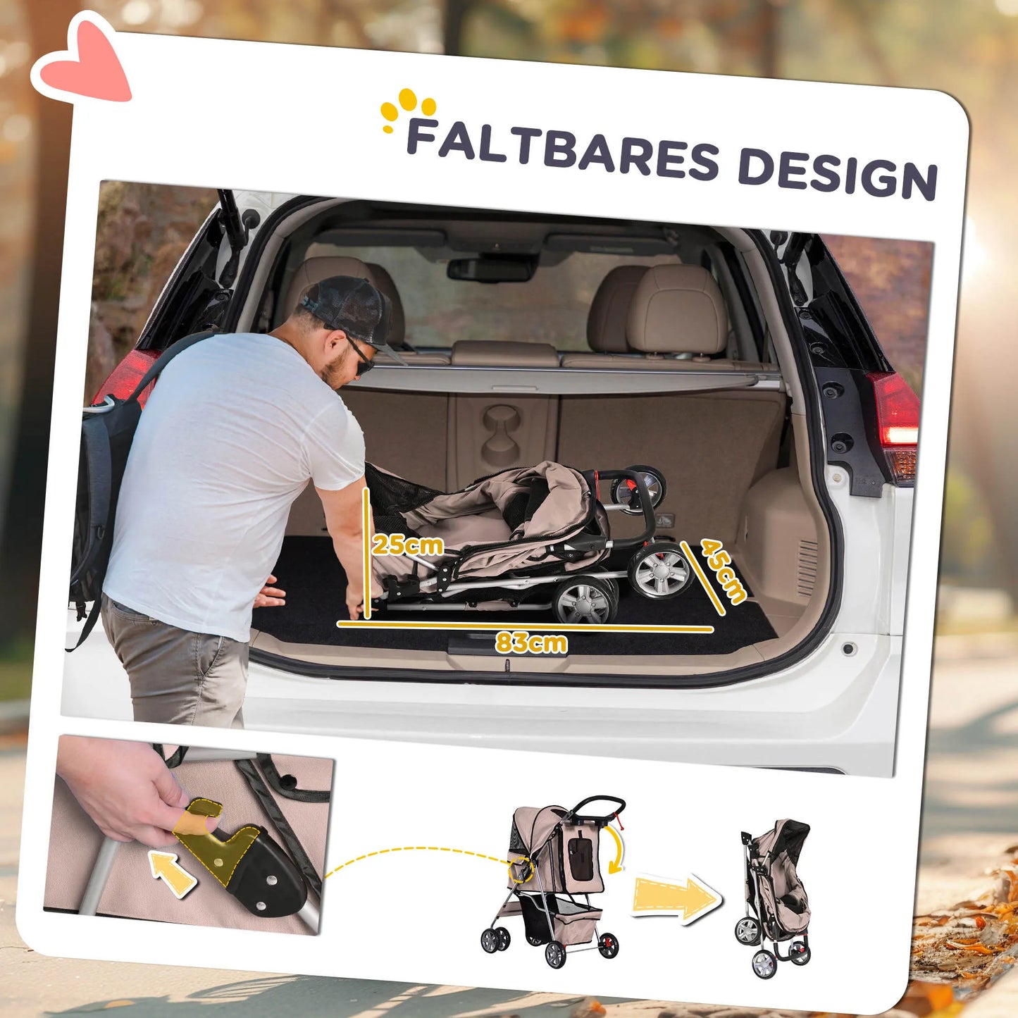 Šunų vežimėlis iki 10 kg, sulankstomas, su apatiniu krepšiu, 2 puodelių laikikliais, stogeliu nuo saulės, kavos rudos spalvos