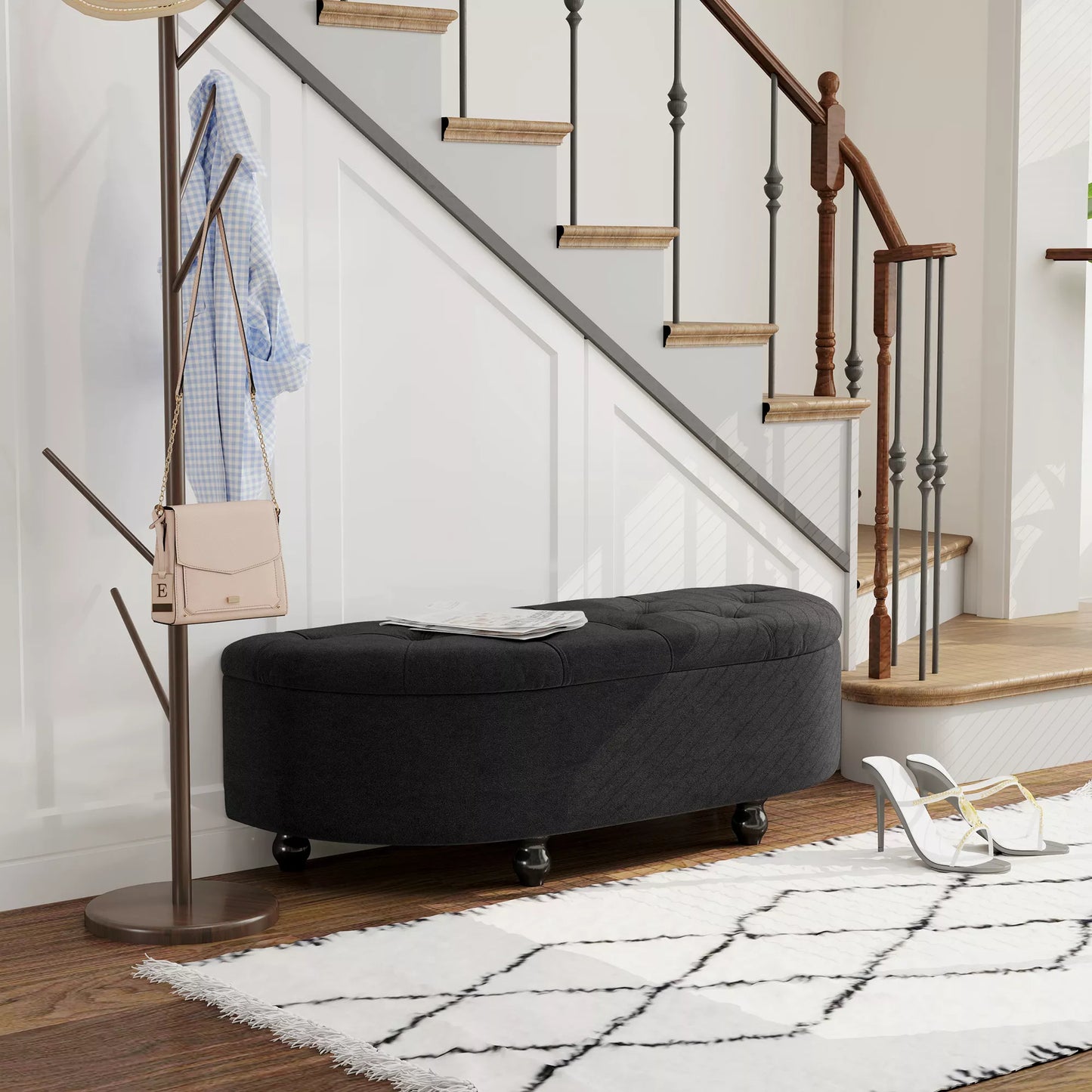 Pufas su daiktadėže, minkštas, lėtai užsidarantis dangtis, aksomo išvaizda, 120 x 46 x 42 cm, tamsiai pilkas