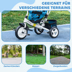 Žydro vaikų triračio informacinė grafika apie važiavimą įvairiu paviršiumi