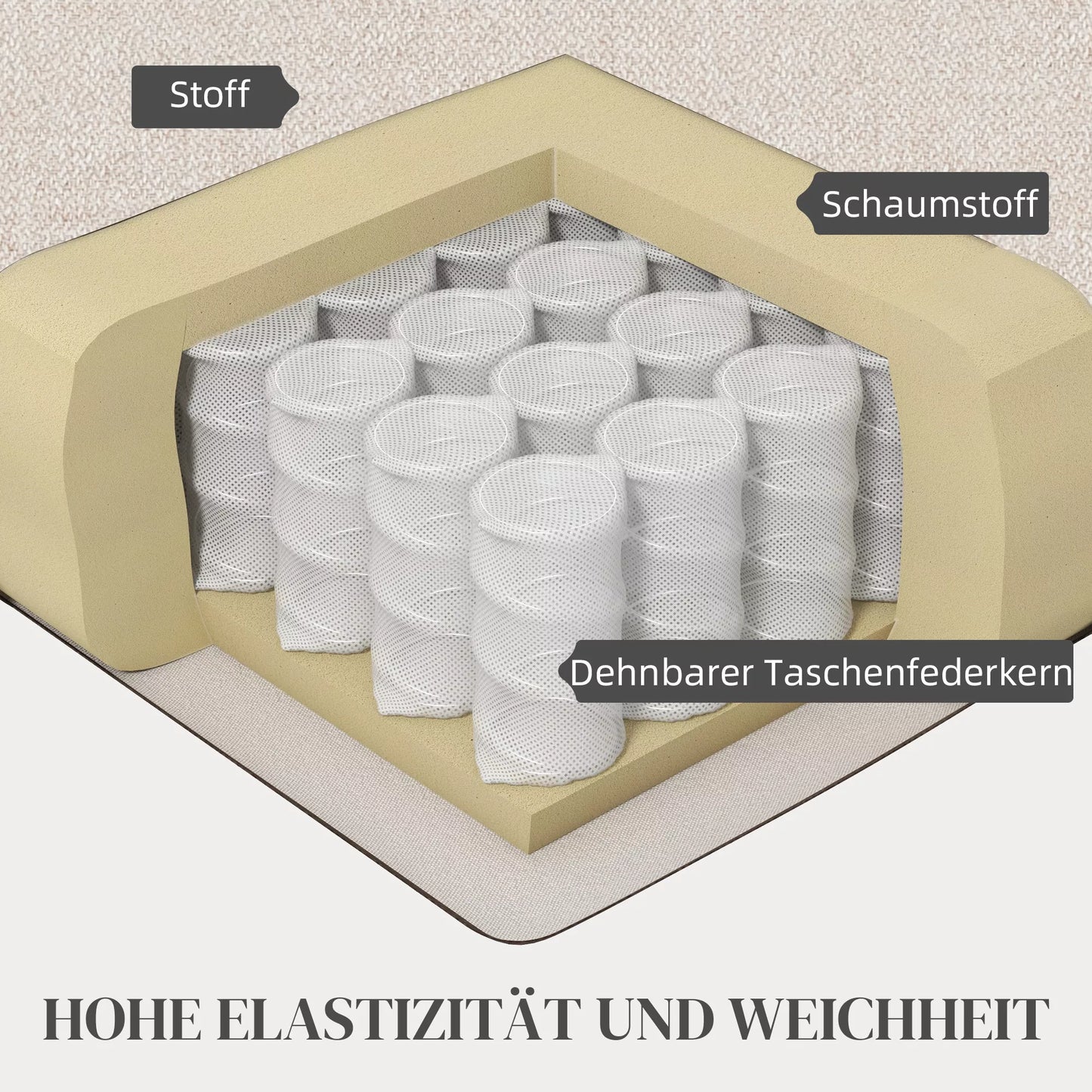 Minkštas krėslas su lino audinio išvaizda, porolono užpildu, sėdimąja pagalvėle ir mediniu rėmu, kreminės baltos spalvos