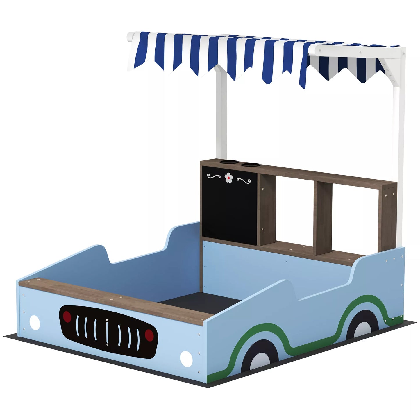 Smėlio dėžė su stogeliu, parduotuvėlės dizainas, suolas, piešimo lenta, eglės mediena, 104 A x 108 L x 90 P cm, mėlyna