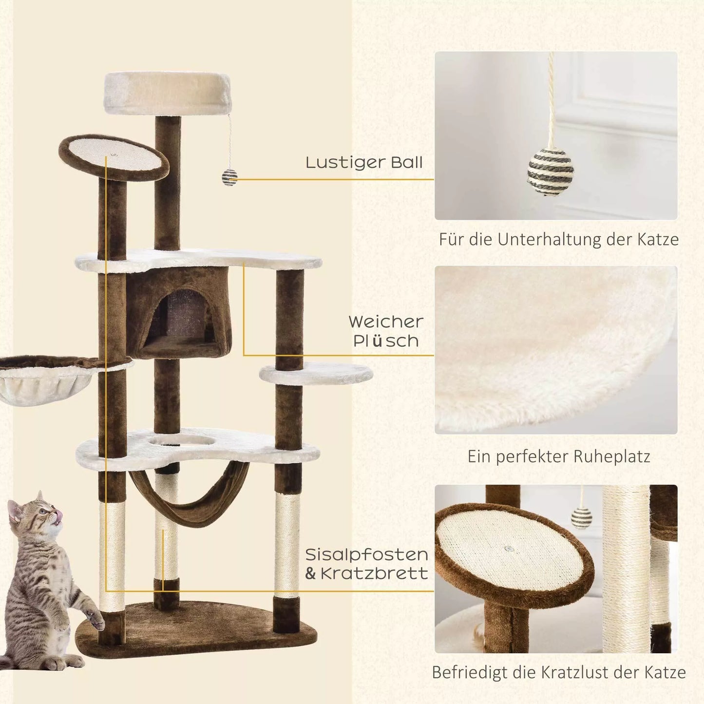 PawHut Daugiafunkcis Kačių Medis su Urveliu ir Hamaku, XXL Kačių Draskyklė, Laipiojimo Medis Katėms, Daugiapakopis Aktyvumo Centras, Plušas, Rudas 65 x 50 x 153 cm