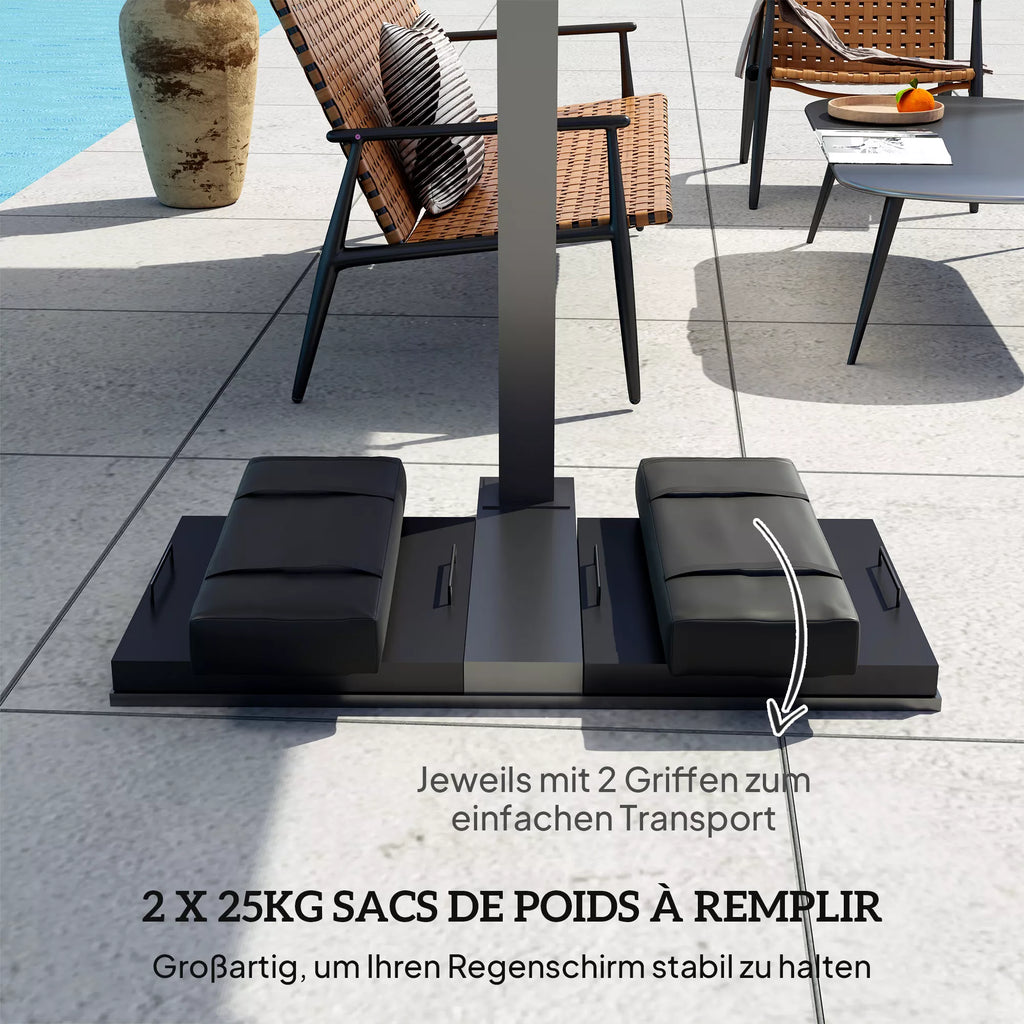 2 vnt. smėlio maišų rinkinys skirta saulės skėčiui, užpildoma iki 25 kg, smėlio maišas skirta skėčio stovui, 600D Oxford, juoda