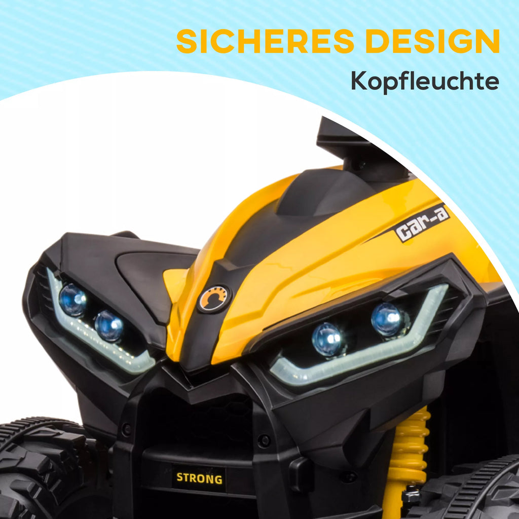 Elektrinis vaikų keturratis, LED žibintai, MP3 grotuvas, amortizatoriai, ergonomiška sėdynė, geltona + juoda