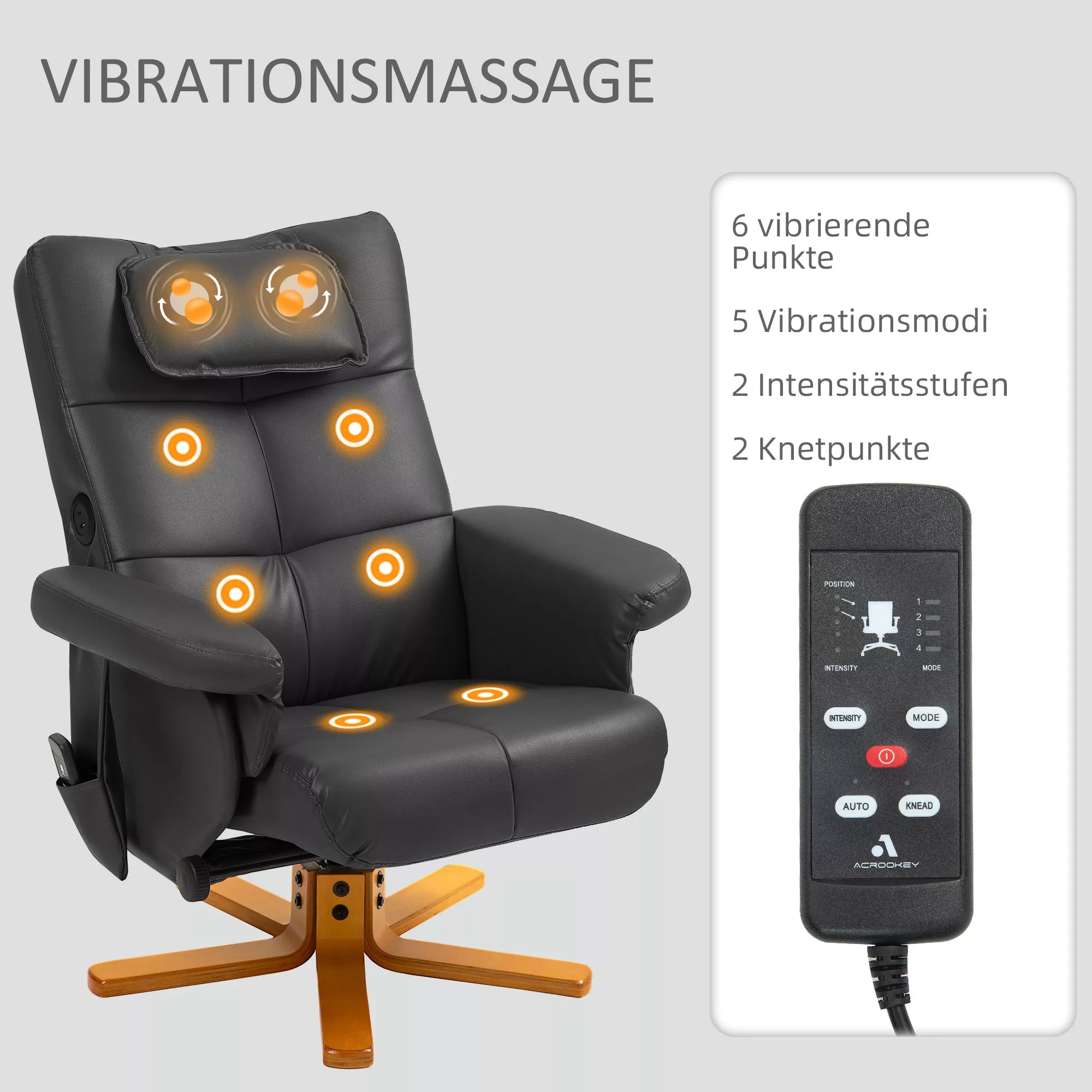 Masažinis krėslas su pakoja, reguliuojama atlošimo atrama, USB įkrovimo prievadas, odos išvaizda, iki 150 kg, juodas