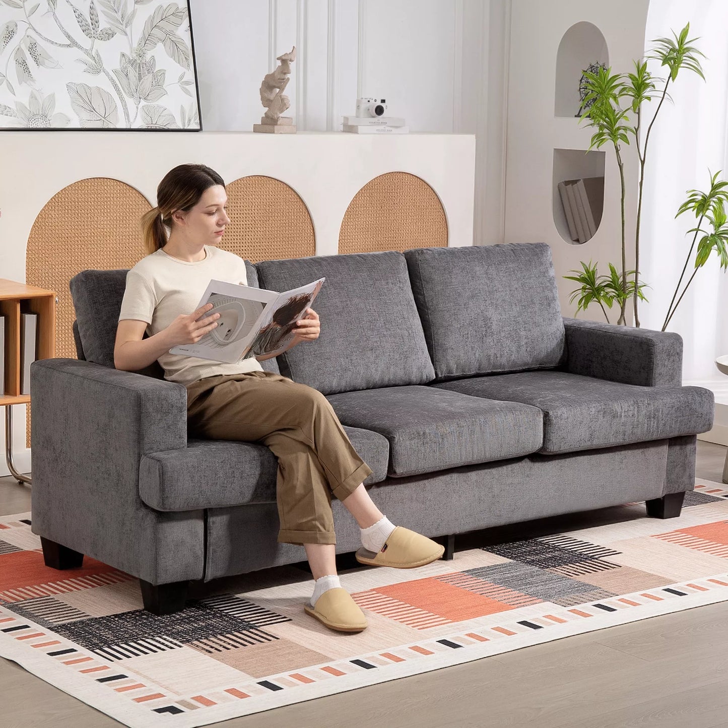 Trys vietų sofa, svetainės sofa trims asmenims, su audinio apmušalu, plieno rėmu, pilka