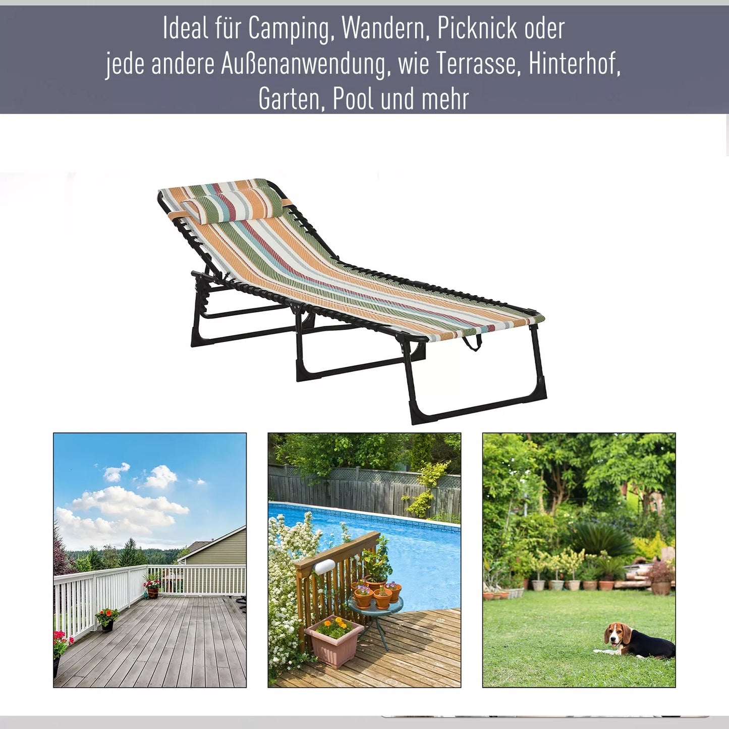 Saulės gultas, sulankstomas sodo gultas, sulankstomas gultas, 4 pakopų atlošas, plienas, tinklinė medžiaga, 189 x 58 x 30 cm, įvairių spalvų