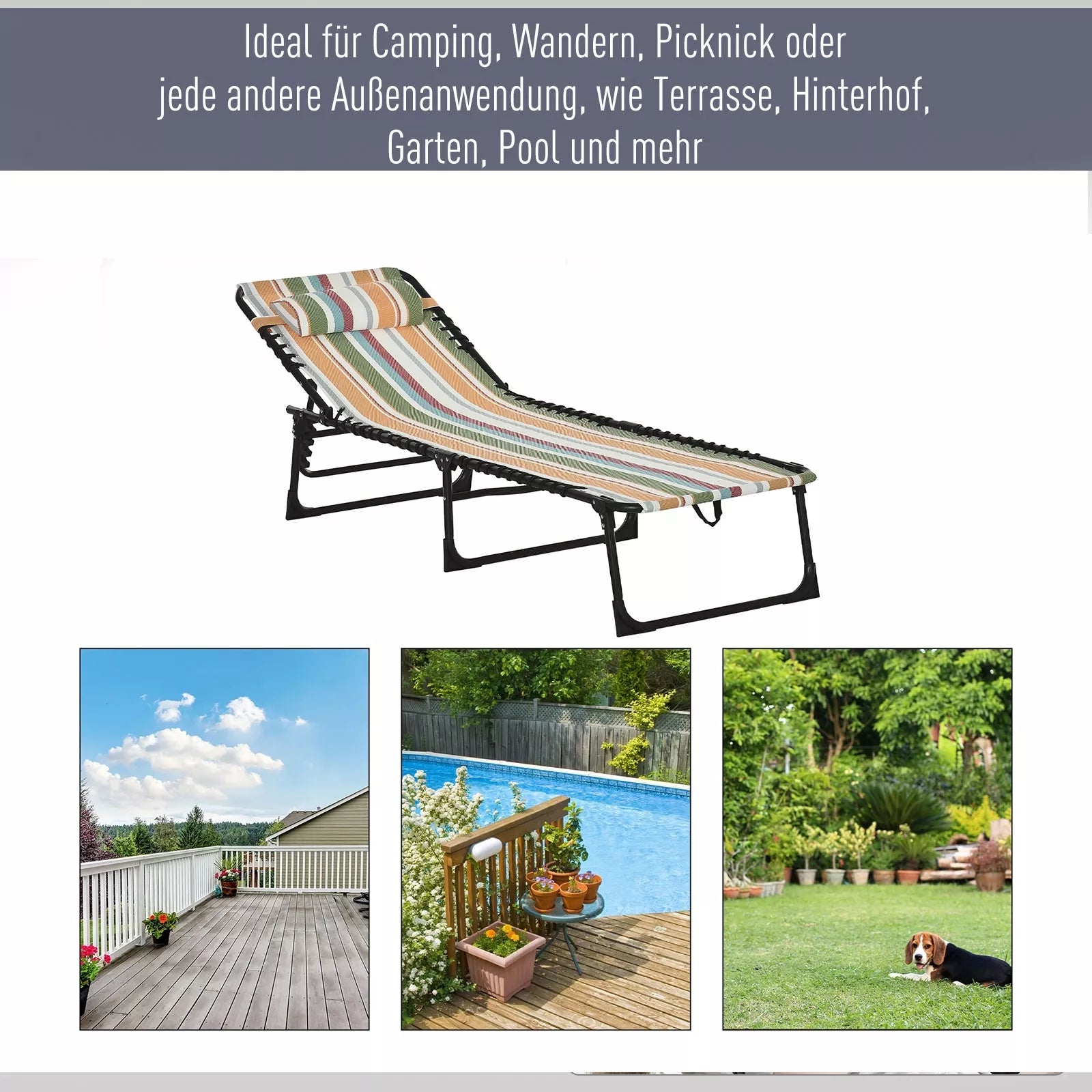 Saulės gultas, sulankstomas sodo gultas, sulankstomas gultas, 4 pakopų atlošas, plienas, tinklinė medžiaga, 189 x 58 x 30 cm, įvairių spalvų