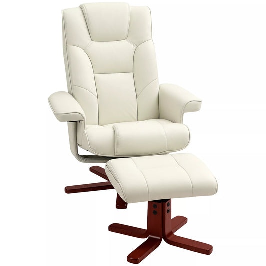 Relaksinis krėslas su pakoja, odos imitacijos, atlošiama nugarėle, iki 150 kg, kreminės baltos spalvos